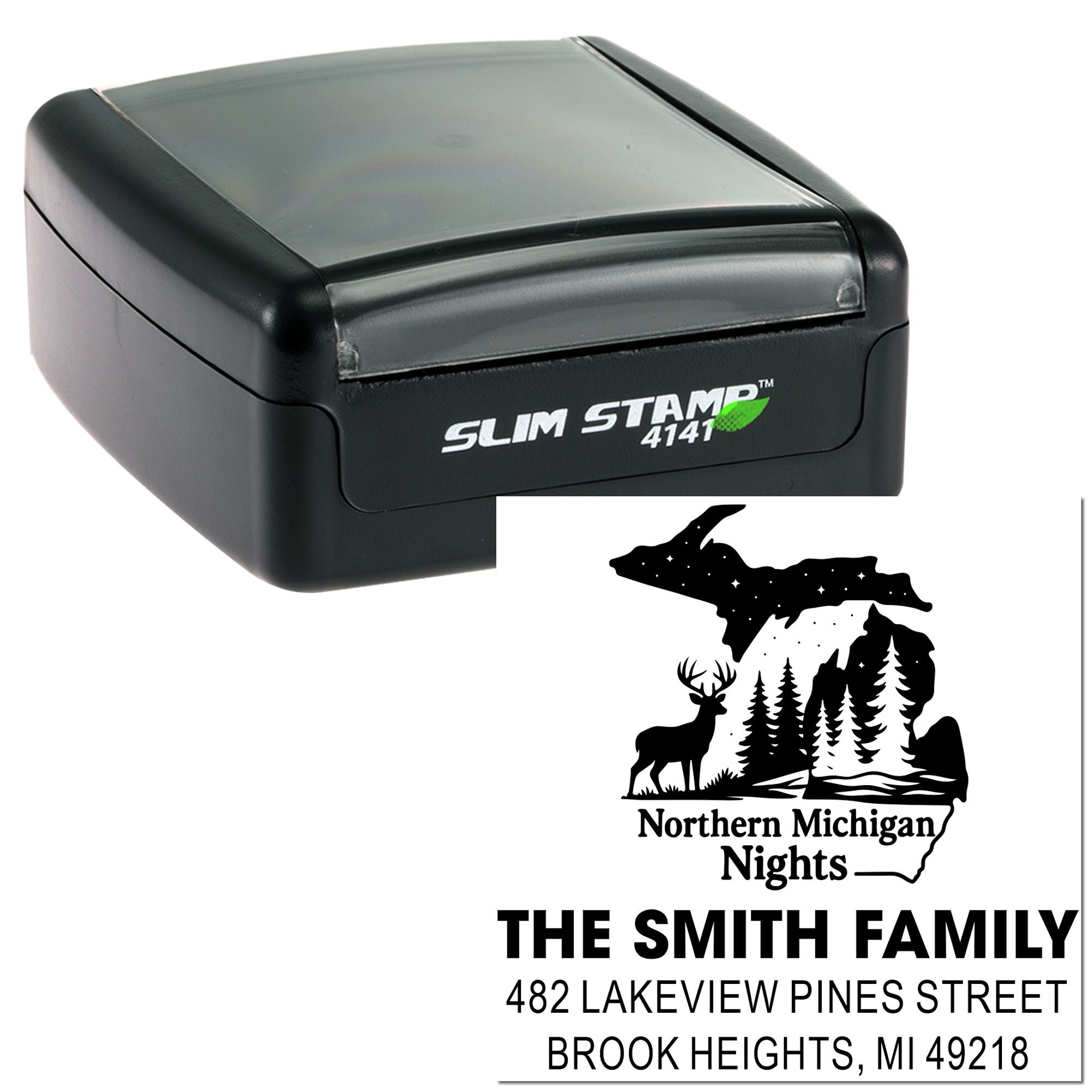 Custom self-inking rubber stamp for Northern Michigan Nights return address, The Smith Family, Brook Heights, MI