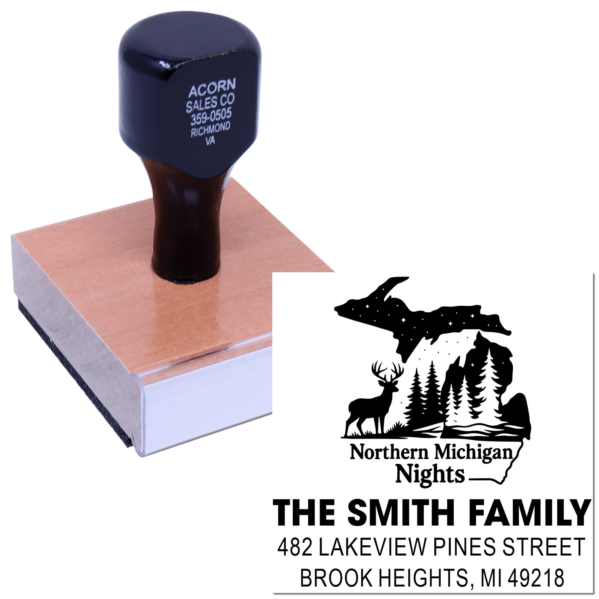 Custom rubber address stamp with Northern Michigan Nights design, family name, and return address for personalized mailing