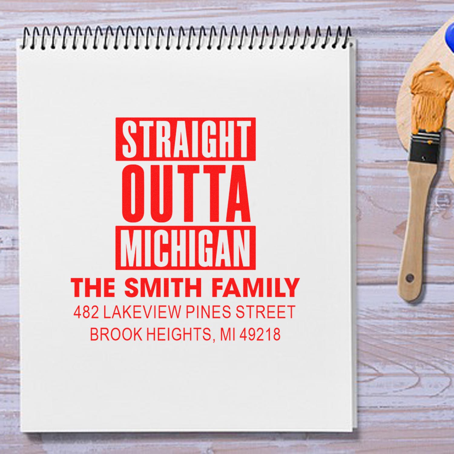 Custom Straight Outta Michigan return address rubber stamp for The Smith Family, Brook Heights, MI