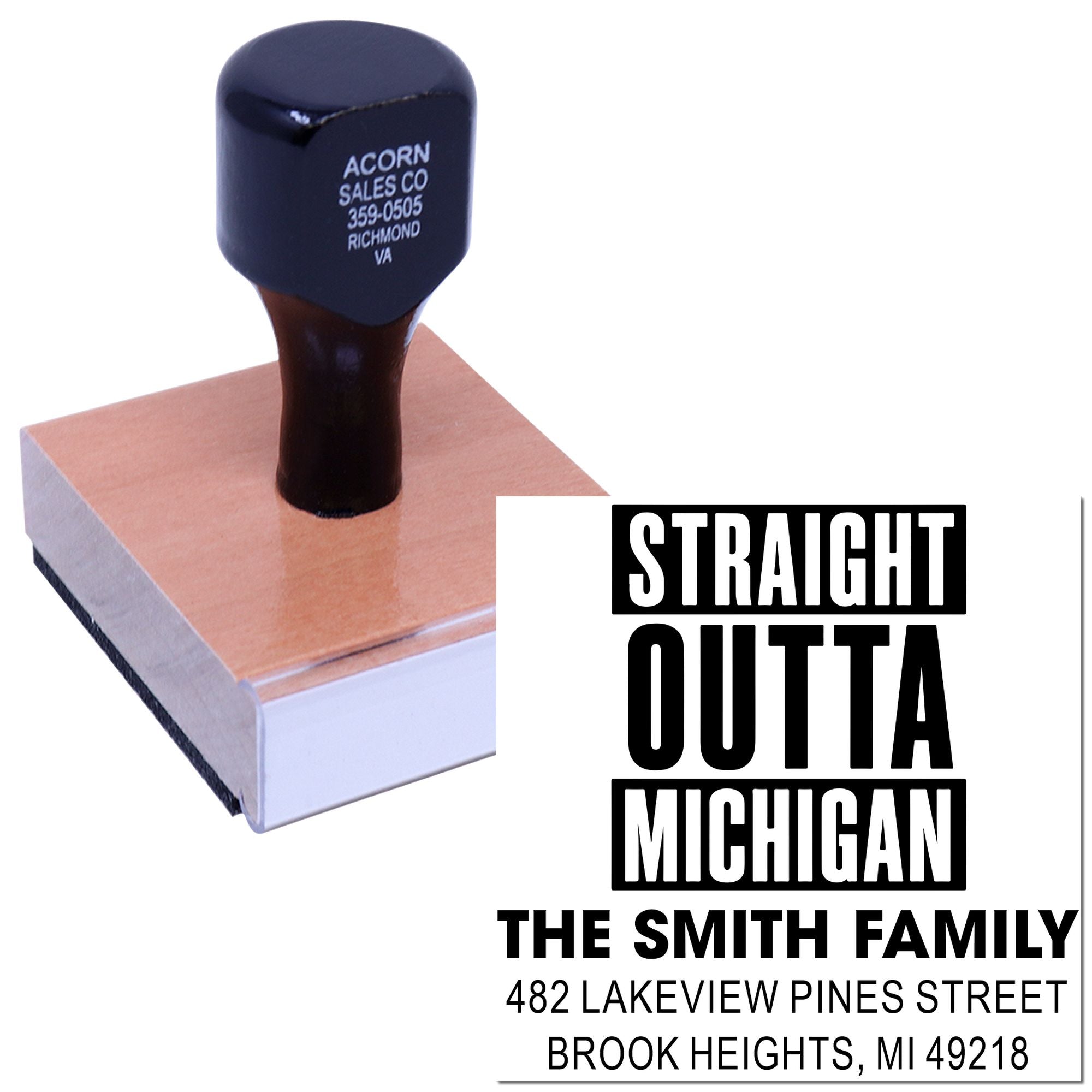 Custom rubber address stamp with Straight Outta Michigan family name and address design.