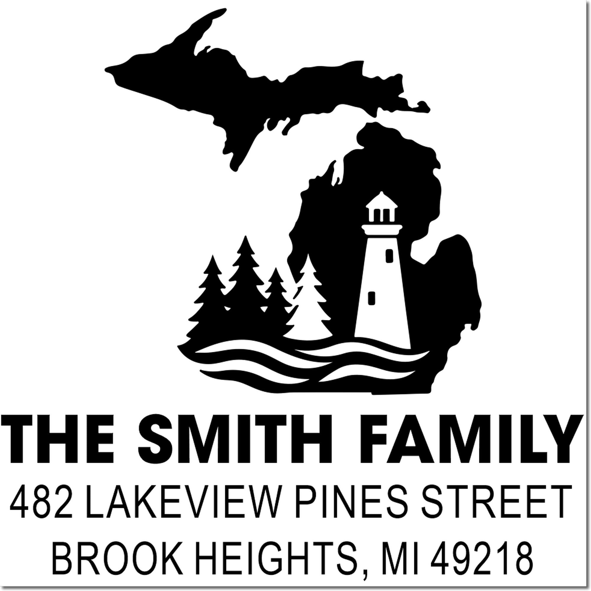 Personalized Michigan return address rubber stamp with lighthouse, pines, and The Smith family, 482 Lakeview Pines Street, Brook Heights, MI.