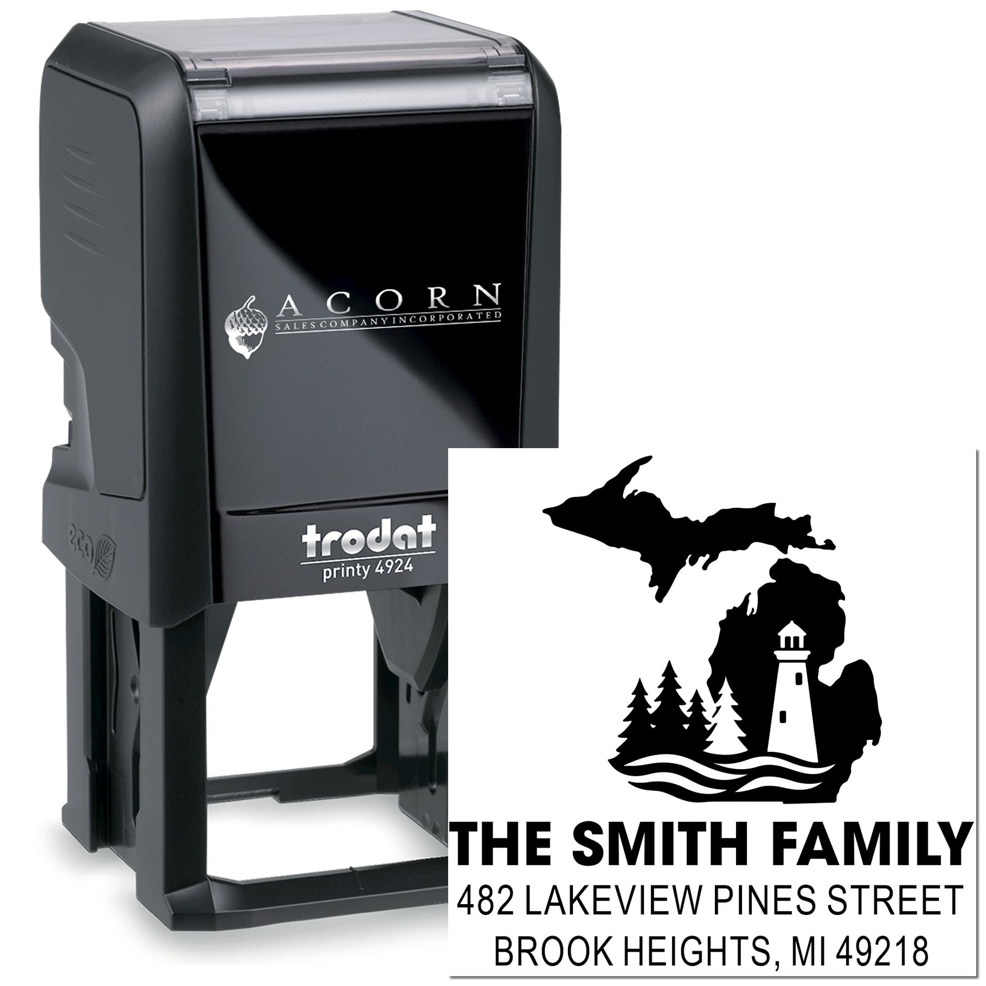 Custom self-inking rubber stamp with Michigan family address design, lighthouse icon, and The Smith Family name.