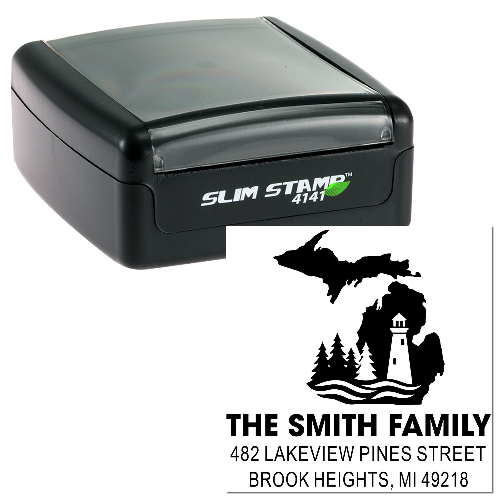 Custom self-inking Slim Stamp 4141 return address rubber stamp with Michigan design for personalized mailing.