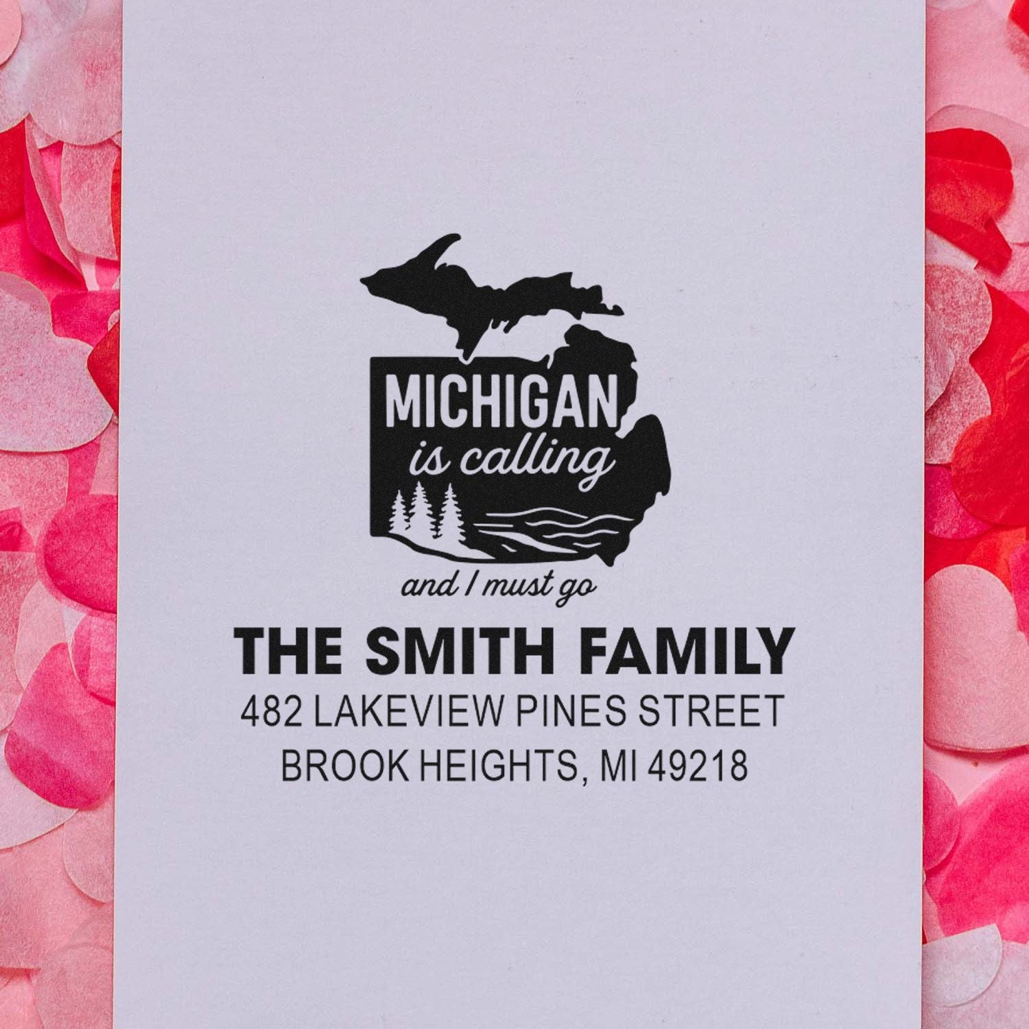 Custom Michigan return address rubber stamp for The Smith Family with Brook Heights, MI address.