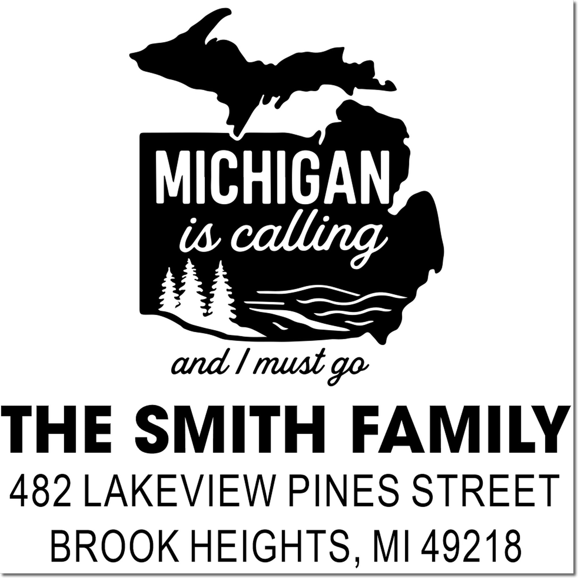 Personalized Michigan return address rubber stamp design for The Smith Family, Brook Heights, MI 49218.