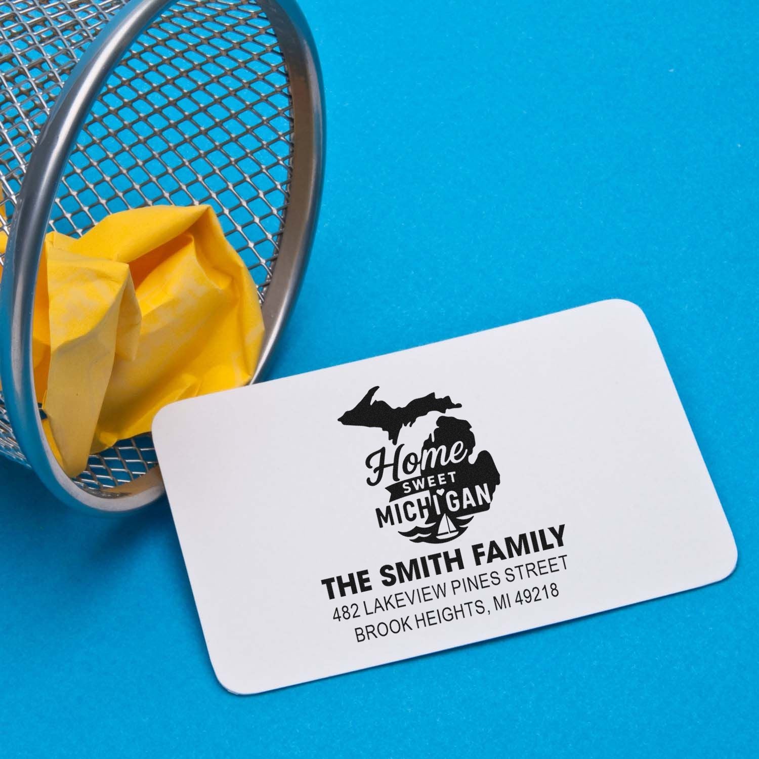 Custom return address rubber stamp with Home Sweet Michigan design for The Smith Family, Brook Heights, MI
