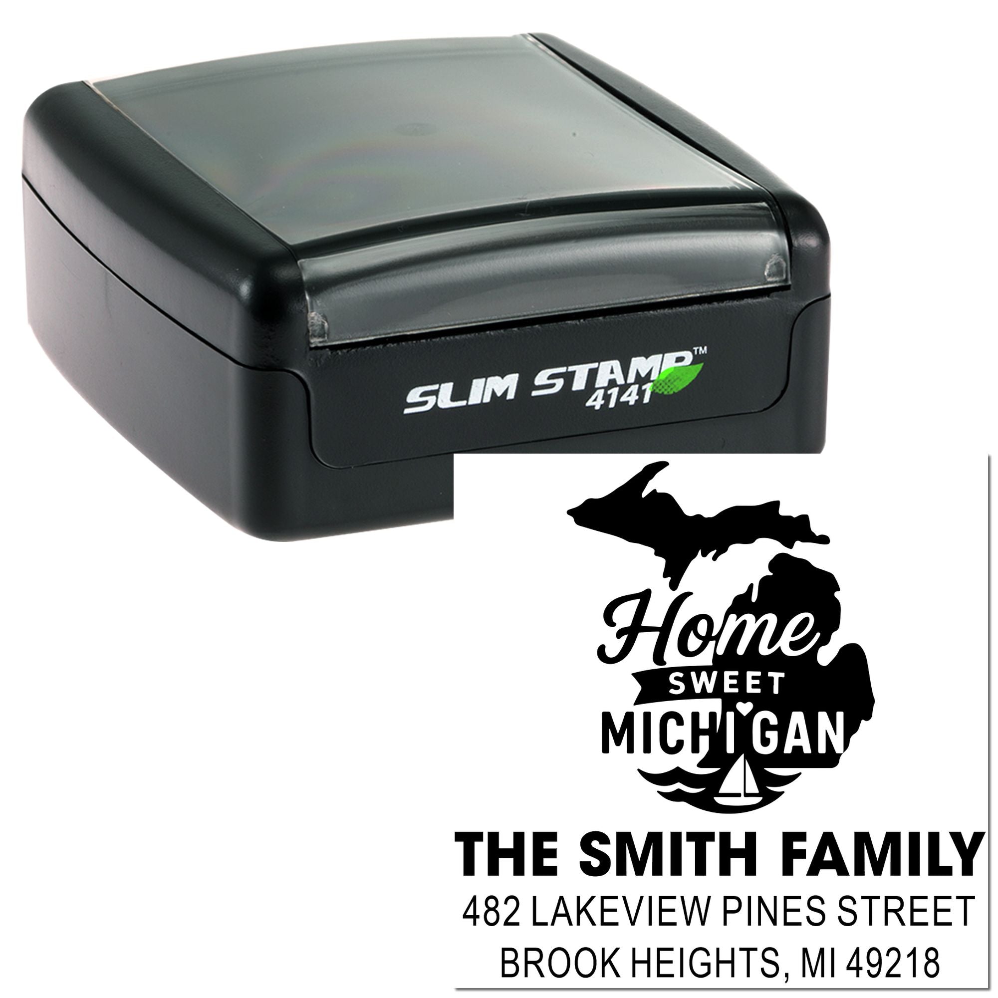 Custom Michigan return address rubber stamp, Slim Stamp 4141, with Home Sweet Michigan design for The Smith Family.