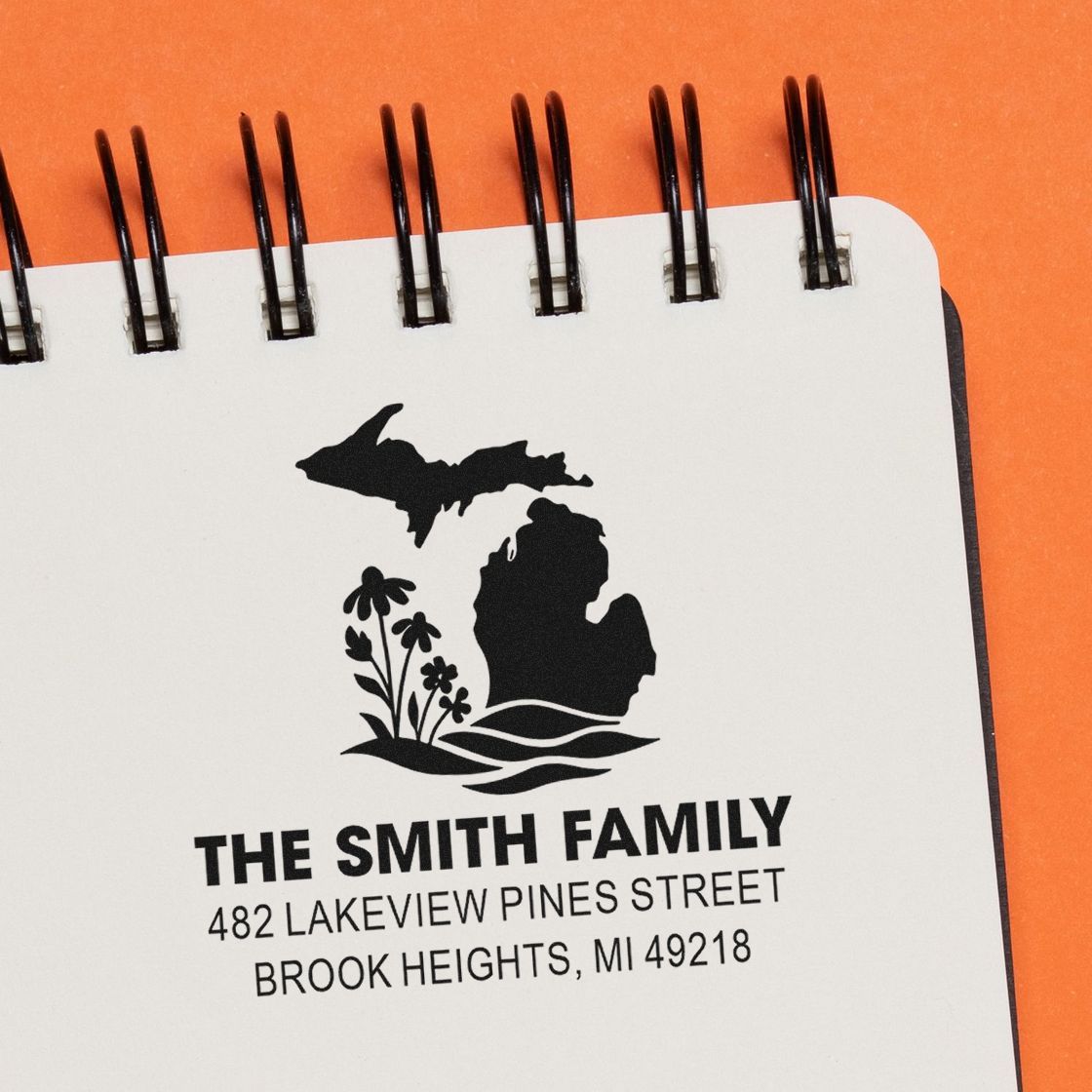Custom family return address rubber stamp with Michigan silhouette for The Smith Family, Brook Heights, MI