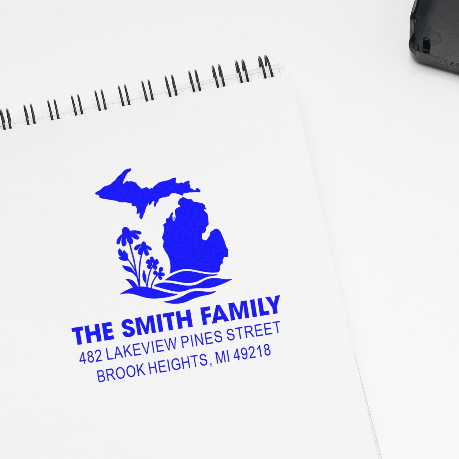 Personalized return address rubber stamp with Michigan lake design for The Smith Family.