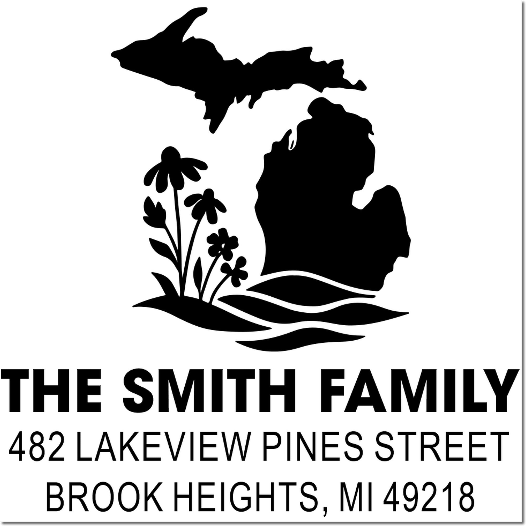 Custom Michigan return address rubber stamp for The Smith Family, 482 Lakeview Pines Street, Brook Heights, MI 49218