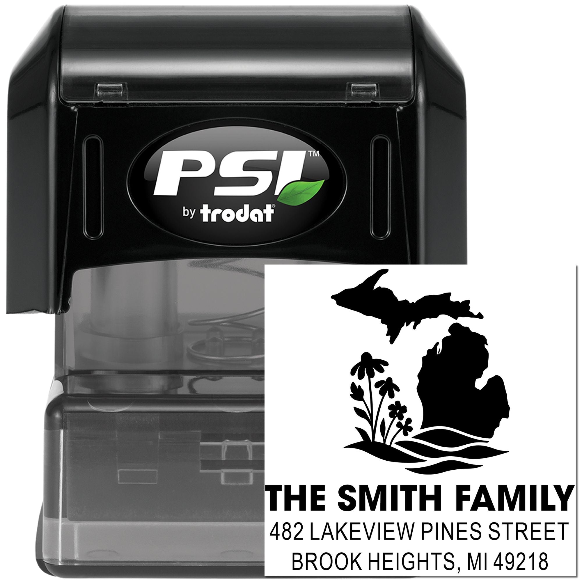 PSI by Trodat self-inking custom return address rubber stamp with Michigan family design
