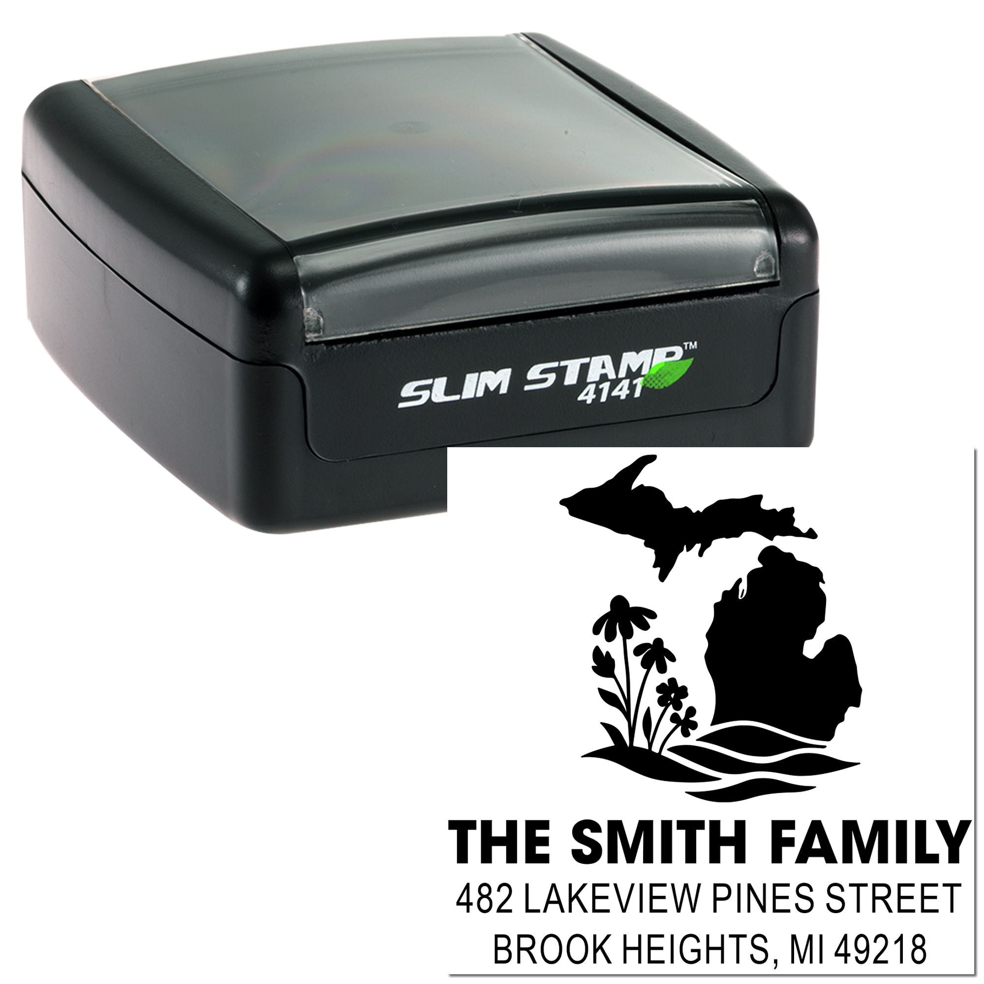 Slim Stamp 4141 self-inking rubber stamp with custom Michigan family return address design for envelopes.