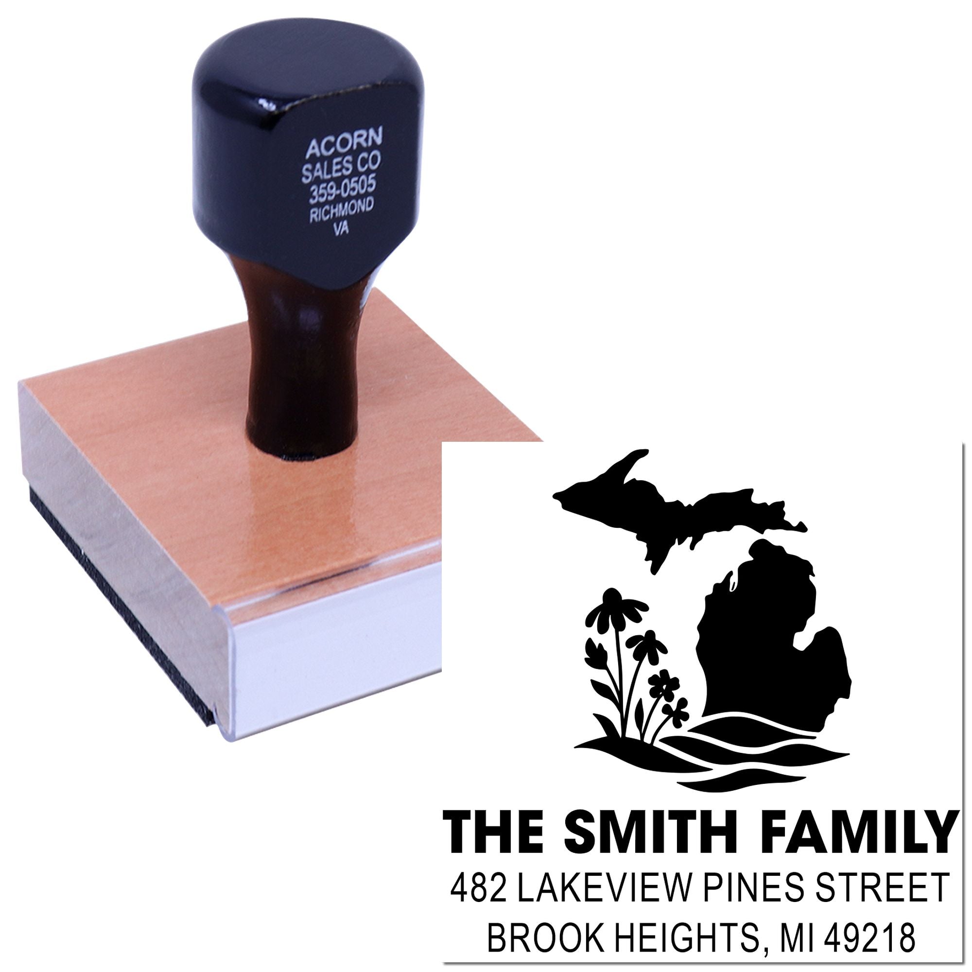Custom self-inking rubber stamp with Michigan family return address design, featuring The Smith Family and personalized address.