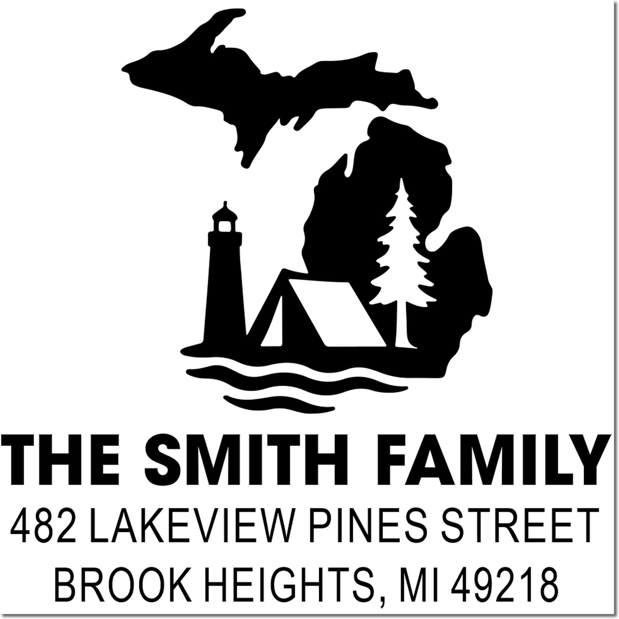 Custom family address rubber stamp for The Smith Family, 482 Lakeview Pines St., Brook Heights, MI 49218, with Michigan lake house design.