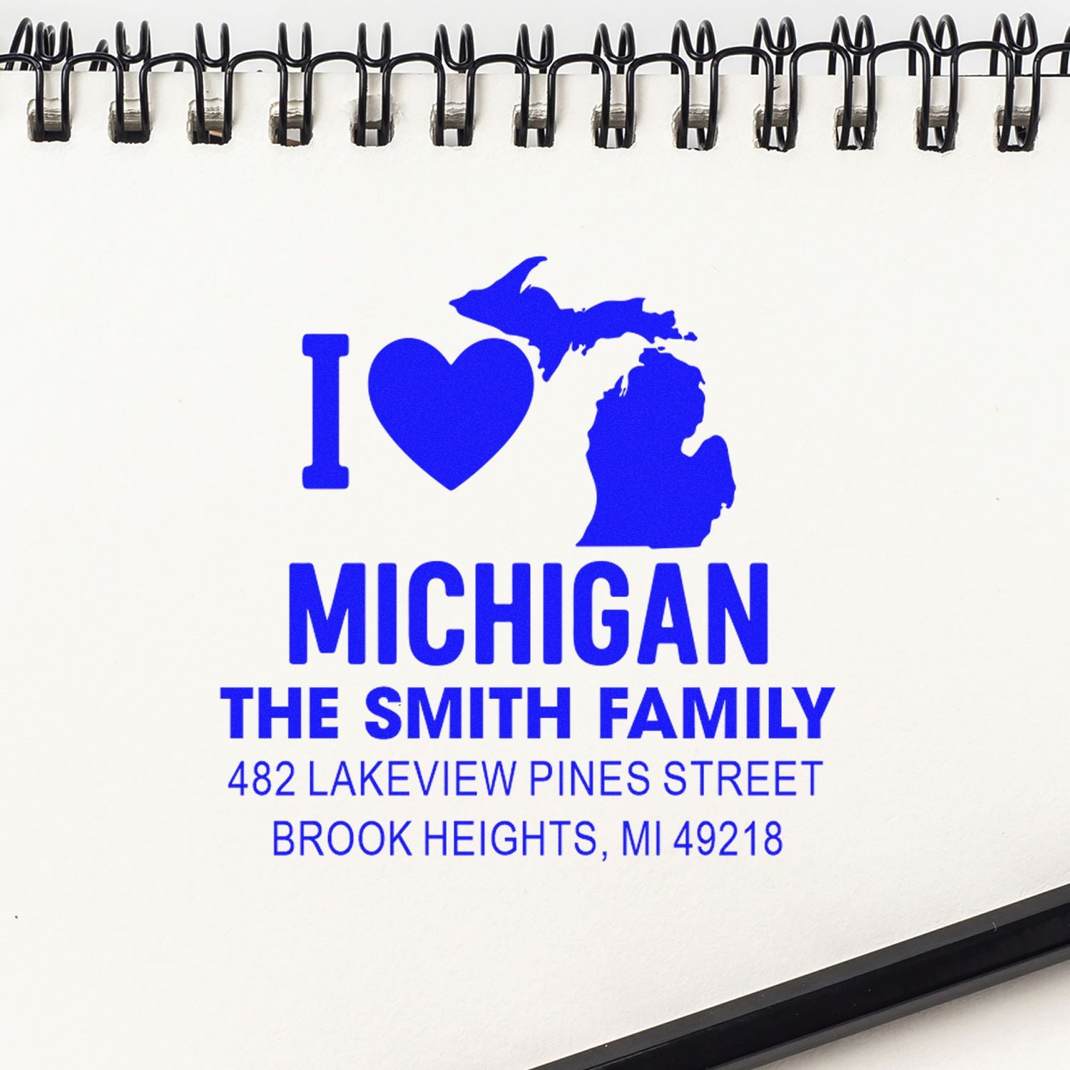 Custom return address rubber stamp with I love Michigan design, The Smith Family, and Brook Heights, MI address.
