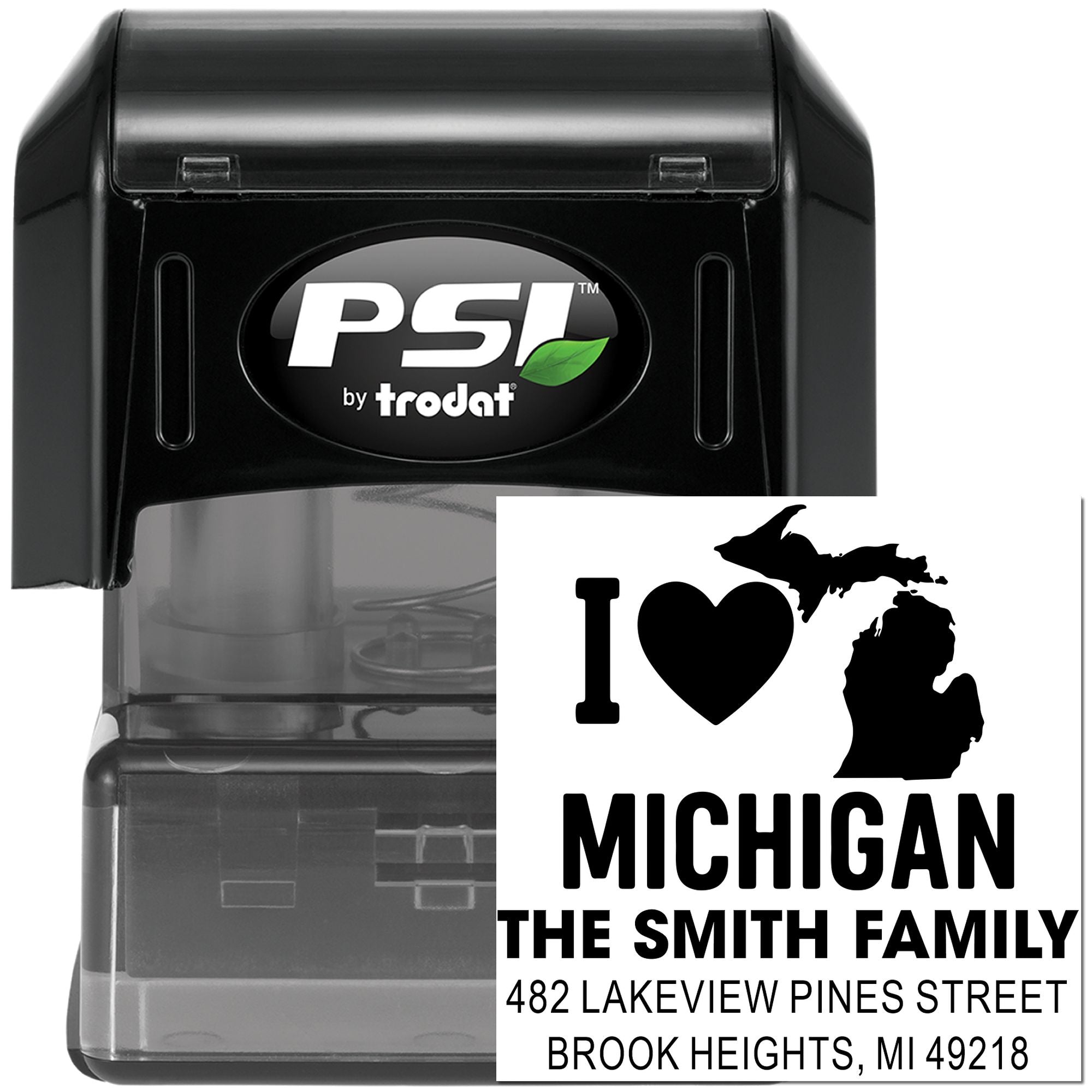 Custom PSI by Trodat self-inking rubber stamp with Michigan return address imprint for family mailings.