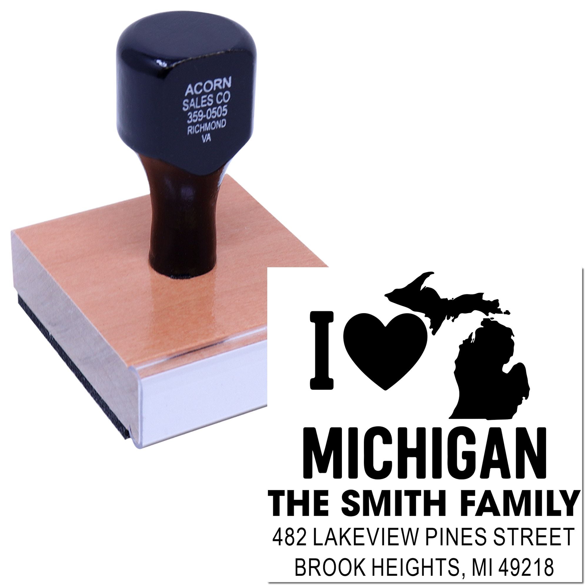 Custom Michigan rubber stamp with family name and address for personalized mailing and craft use.