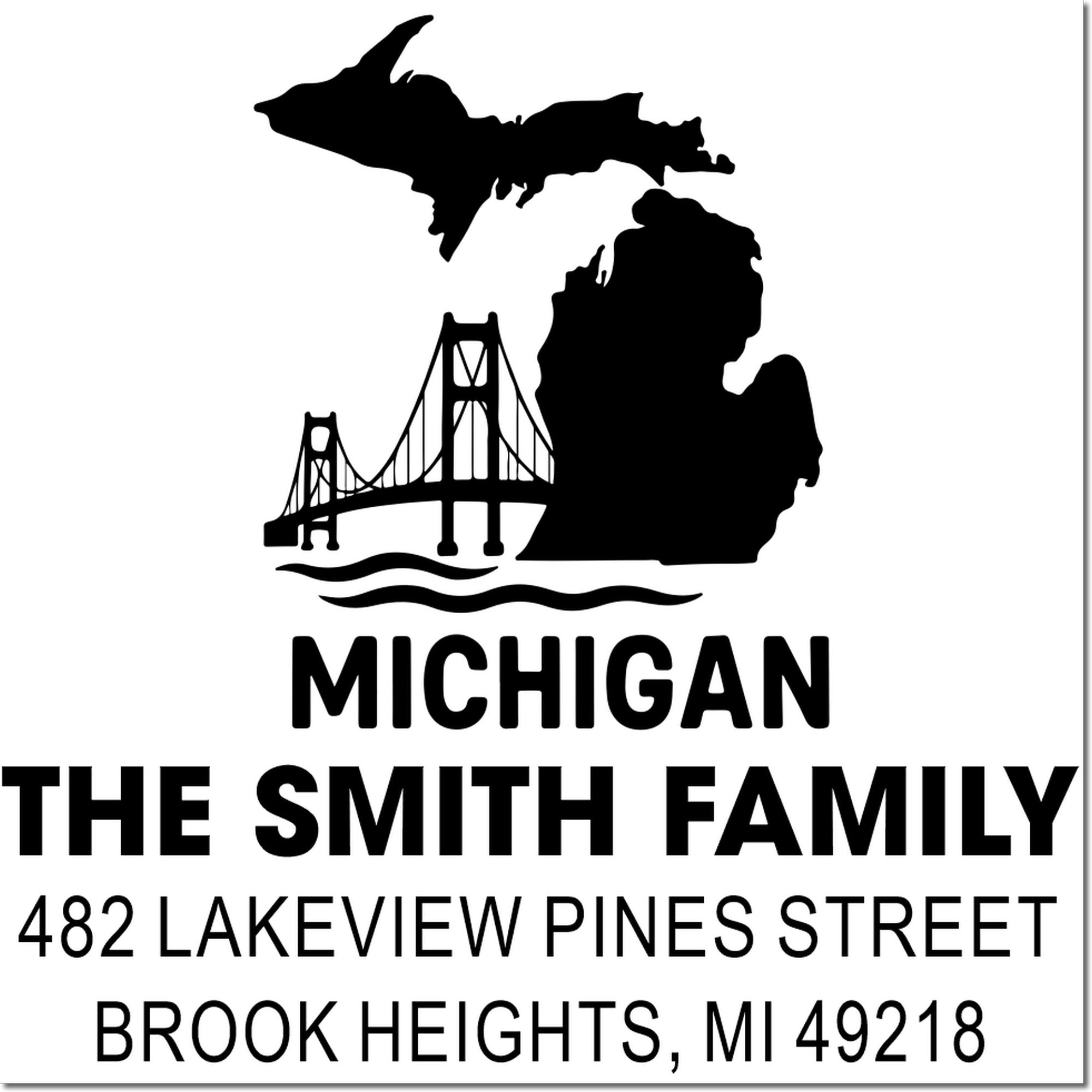 Custom Michigan return address rubber stamp with state silhouette, bridge graphic, and The Smith Family mailing address.