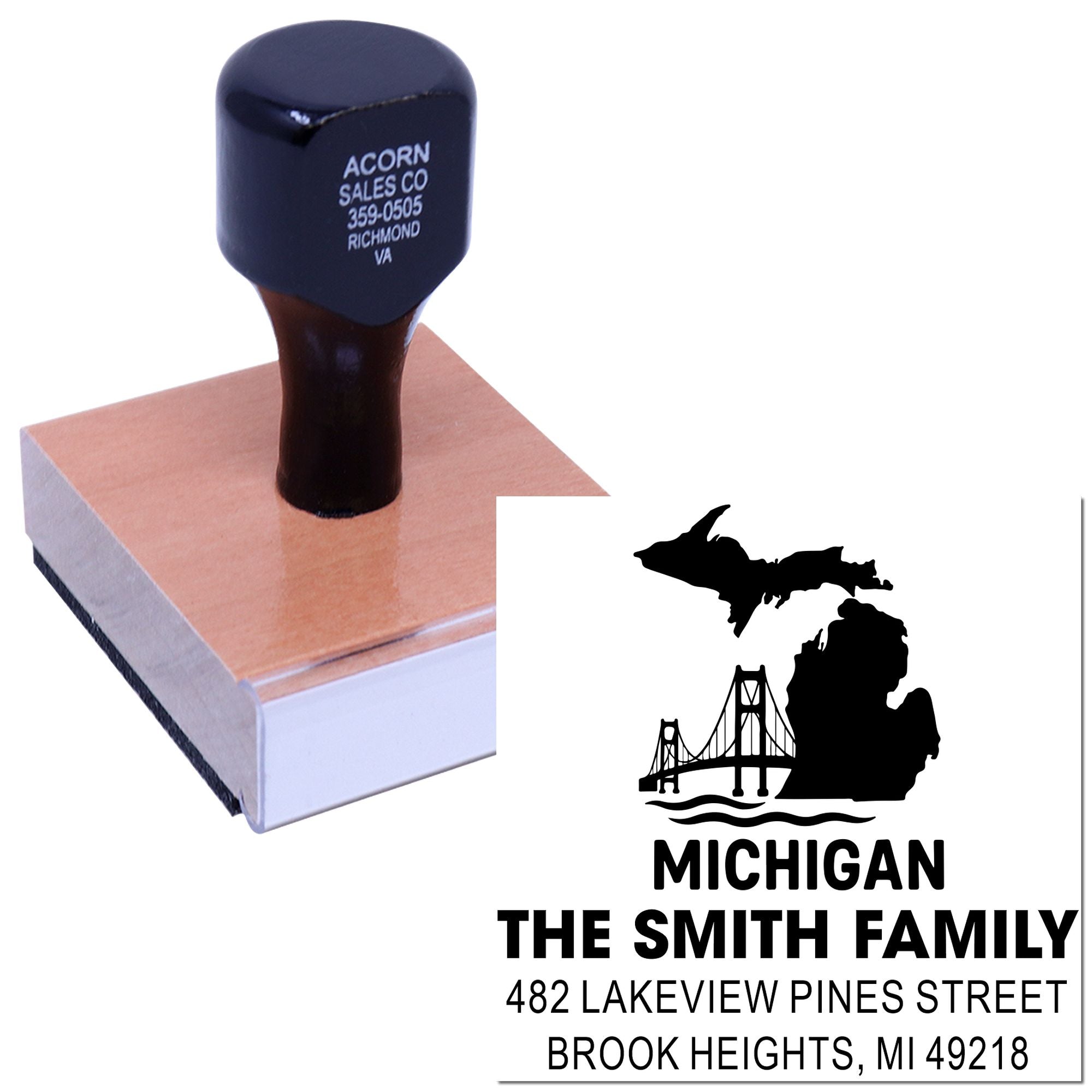 Custom self-inking rubber address stamp featuring Michigan family return address and state bridge design.