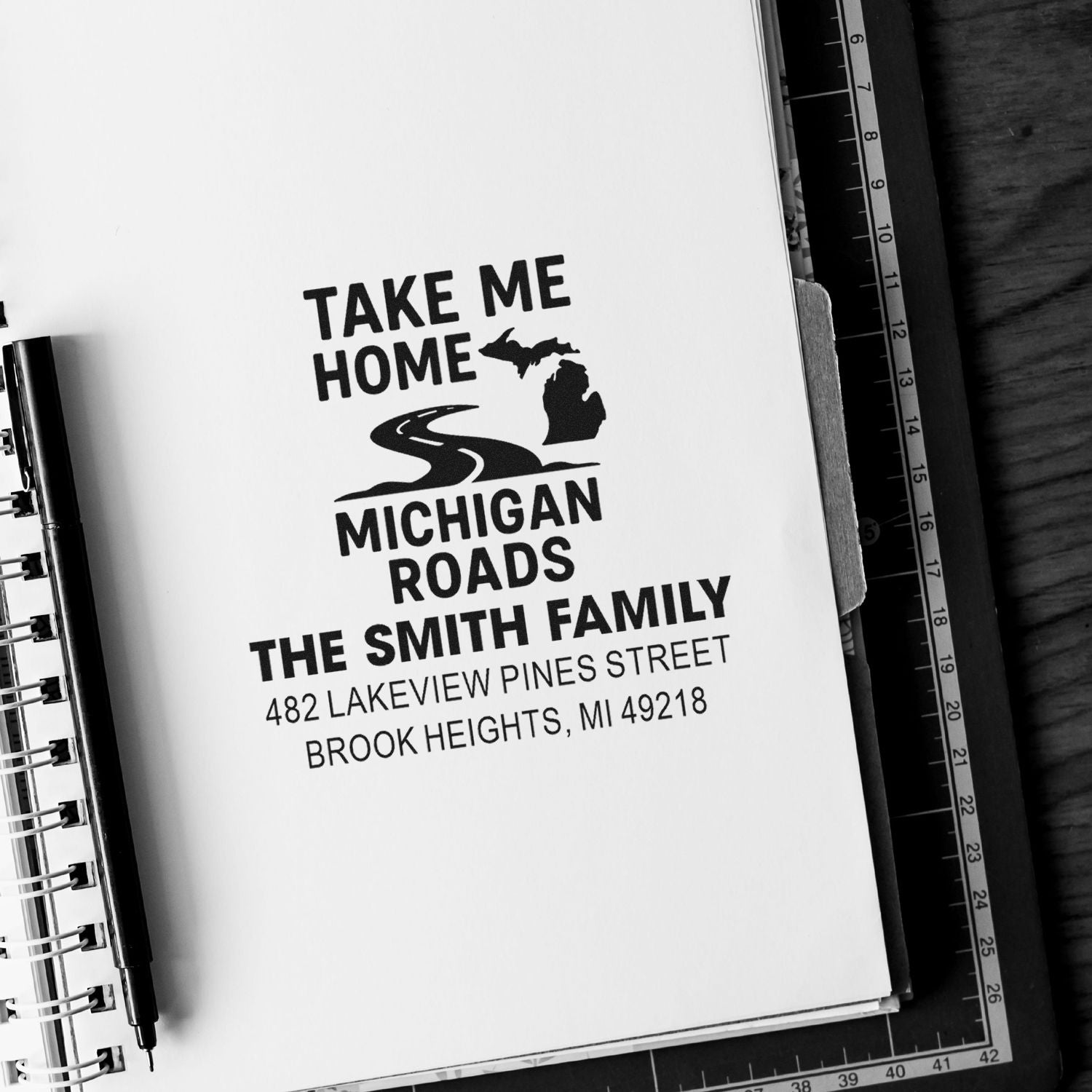 Custom Michigan family address rubber stamp with Take Me Home design for The Smith Family, Brook Heights, MI.