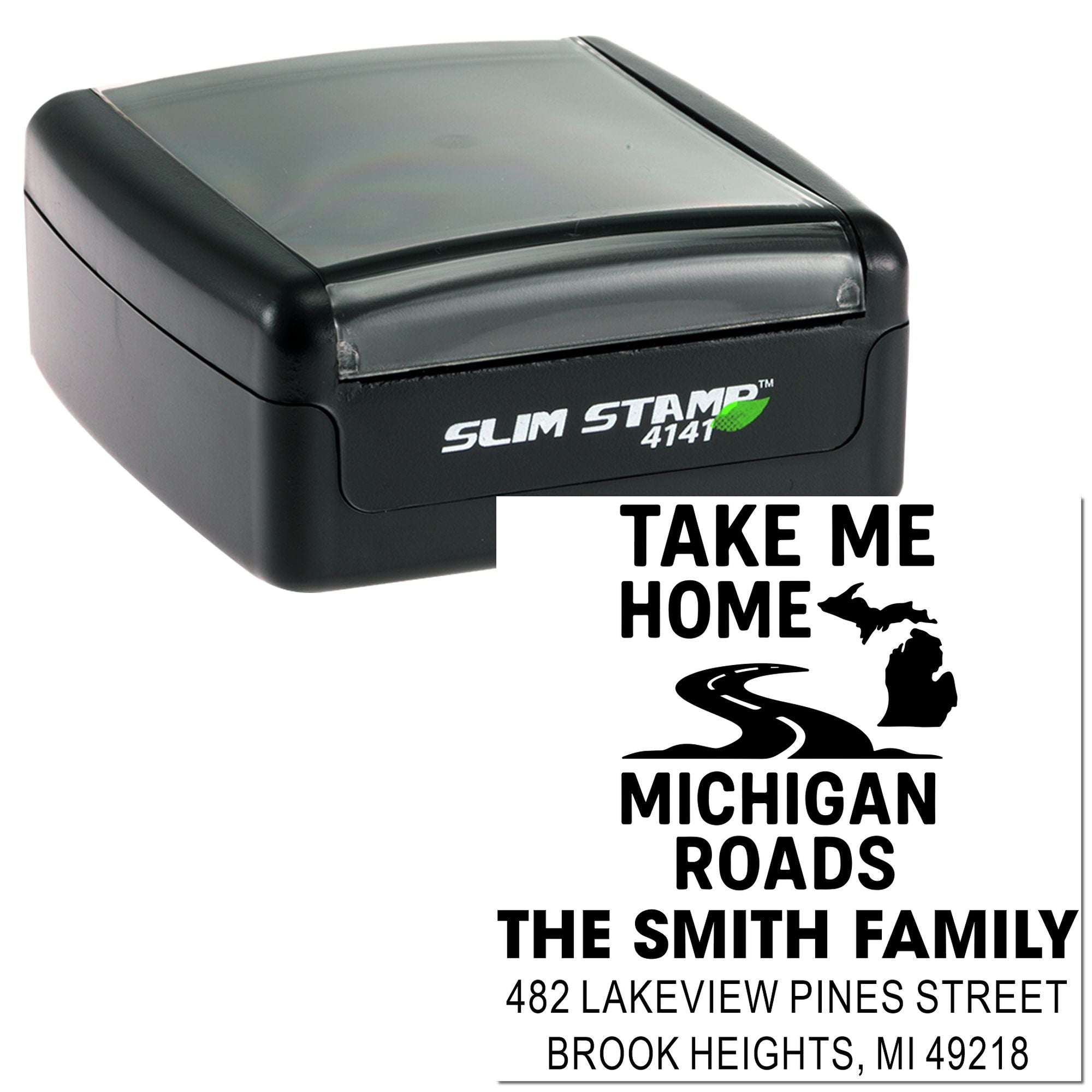 Self-inking rubber address stamp with Take Me Home Michigan Roads design for The Smith Family in Brook Heights, MI
