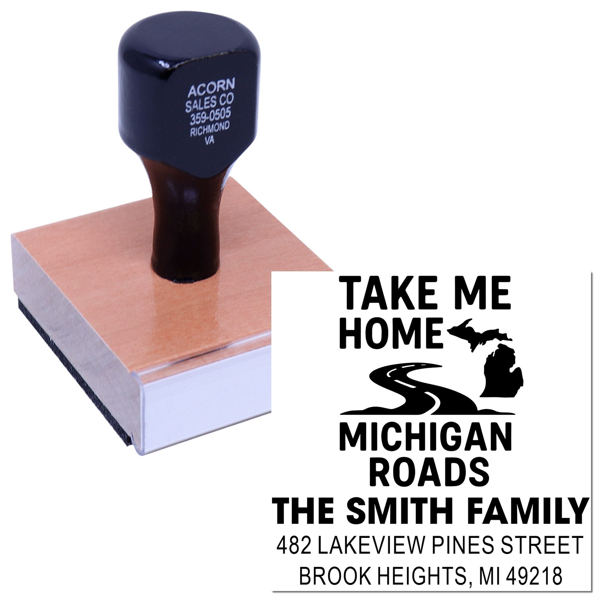 Custom Michigan Roads rubber stamp with The Smith Family return address for personalized mail and moving announcements.