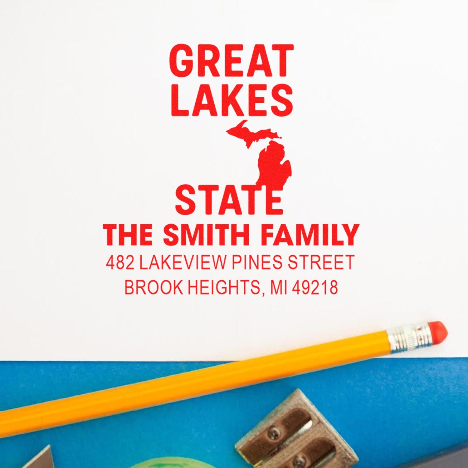 Custom Michigan Great Lakes State rubber address stamp for The Smith Family with personalized name and address.