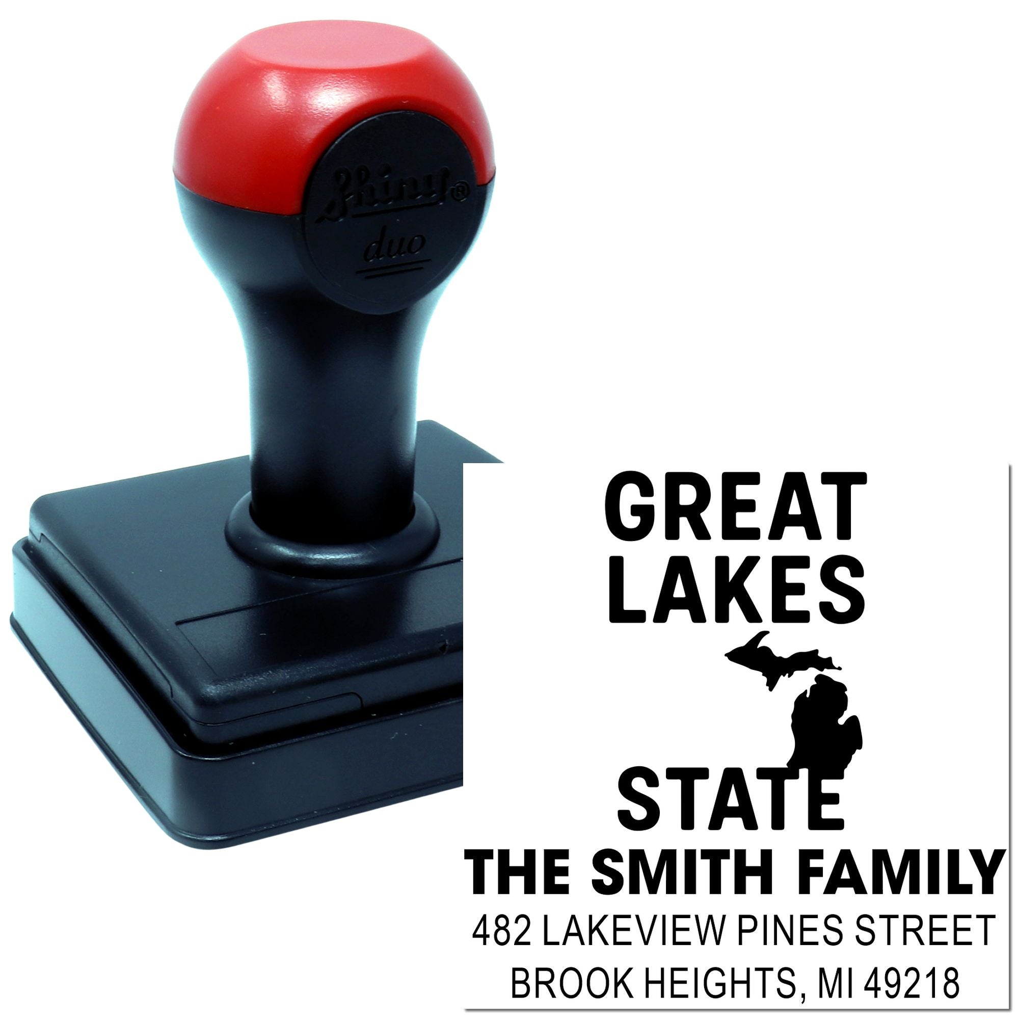 Custom self-inking rubber address stamp with Great Lakes State design for The Smith Family, Brook Heights, MI 49218.