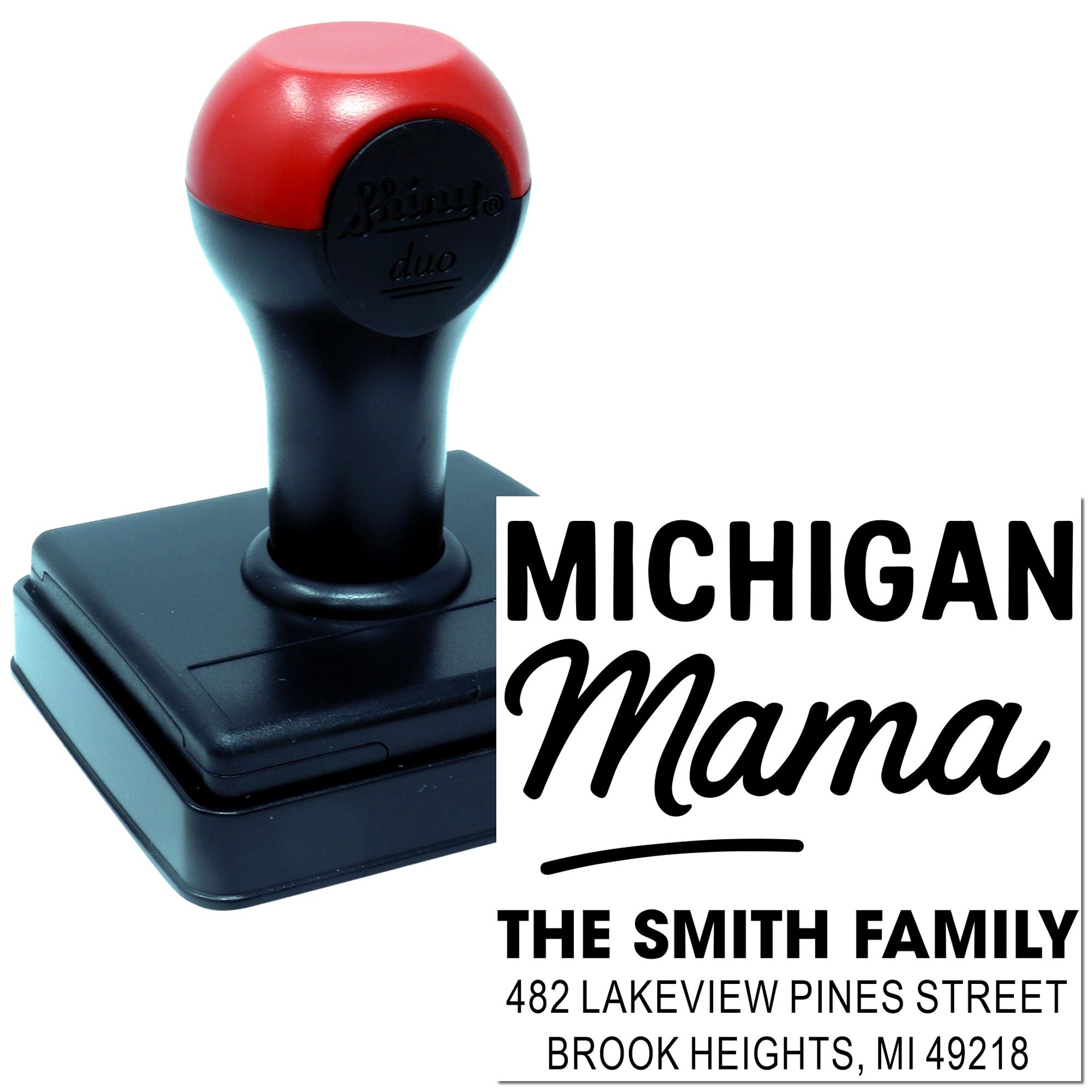 Michigan Mama custom self-inking address rubber stamp with family name and address for personalized mail labeling