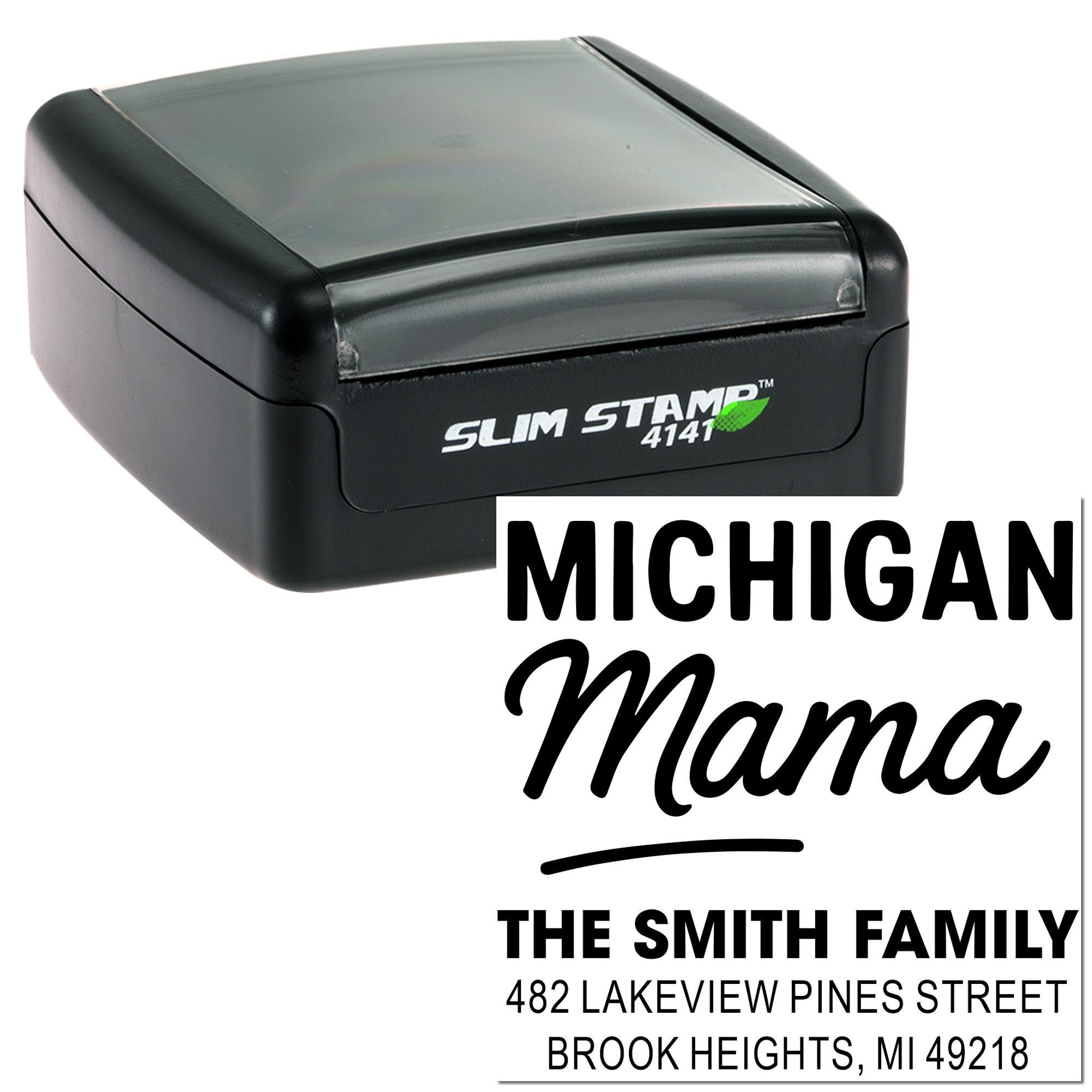 Custom Michigan Mama self-inking rubber stamp with return address for The Smith Family, ideal for envelopes and mail.