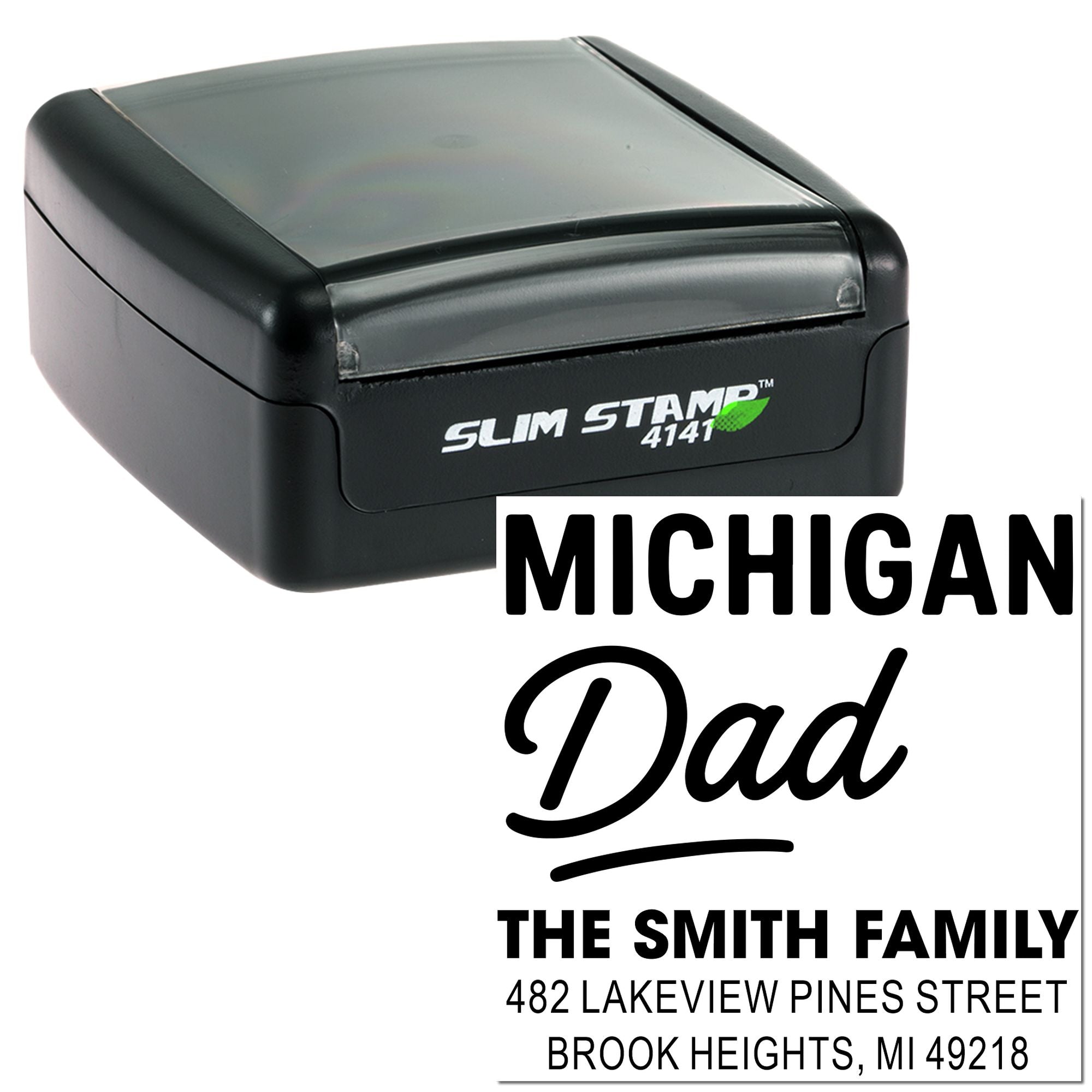 Michigan Dad personalized return address rubber stamp for The Smith Family, Slim Stamp self-inking case