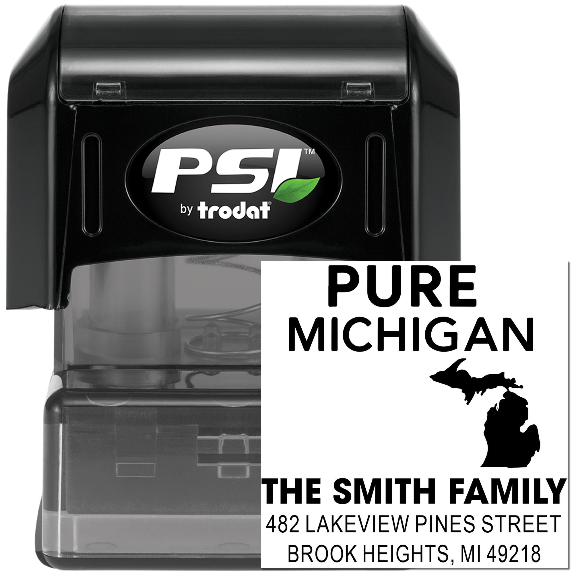 Custom Pure Michigan self-inking address rubber stamp for the Smith family, Brook Heights, MI return address.