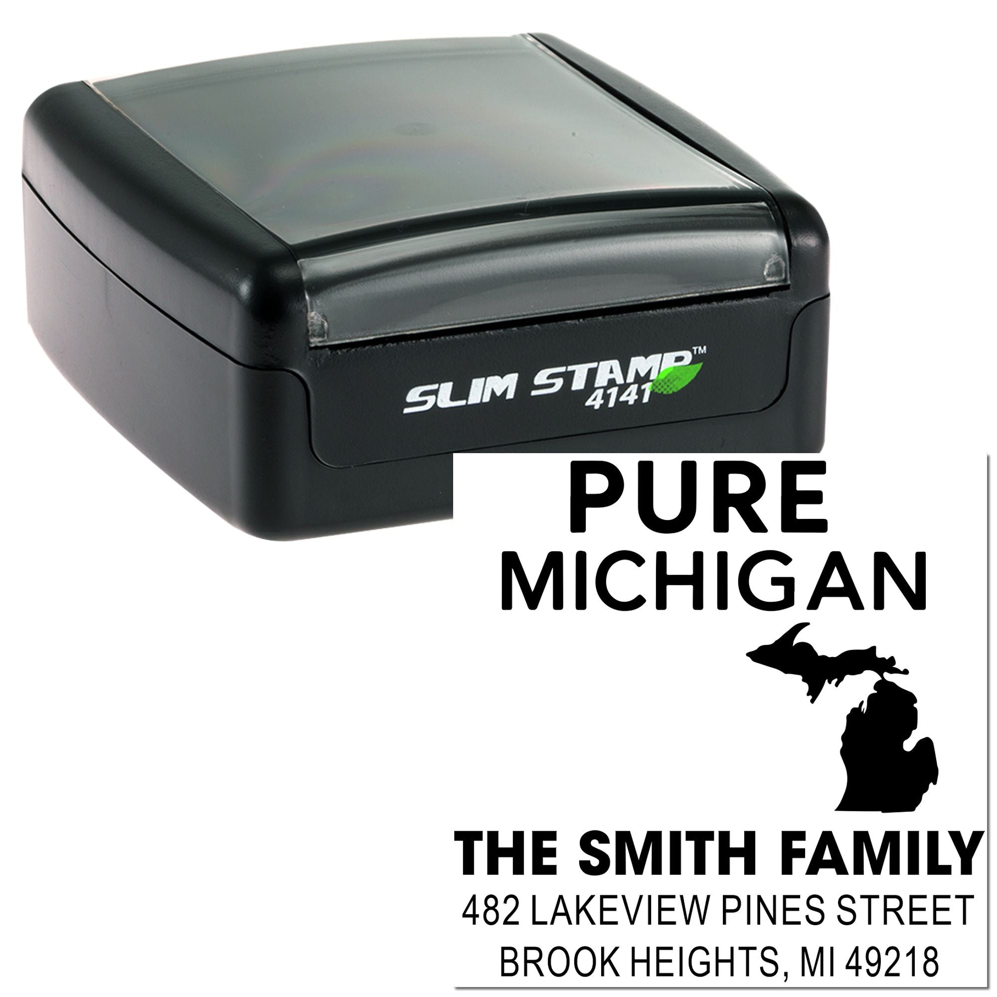 Slim Stamp 4141 custom address rubber stamp with Pure Michigan design for The Smith Family, Brook Heights, MI.