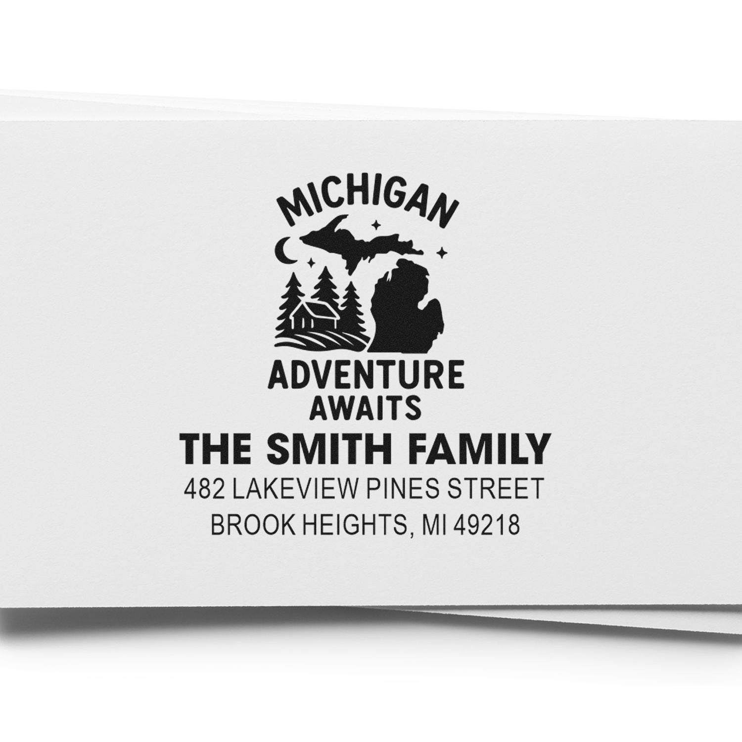 Personalized Michigan return address rubber stamp for the Smith family, featuring an Adventure Awaits outdoor design.