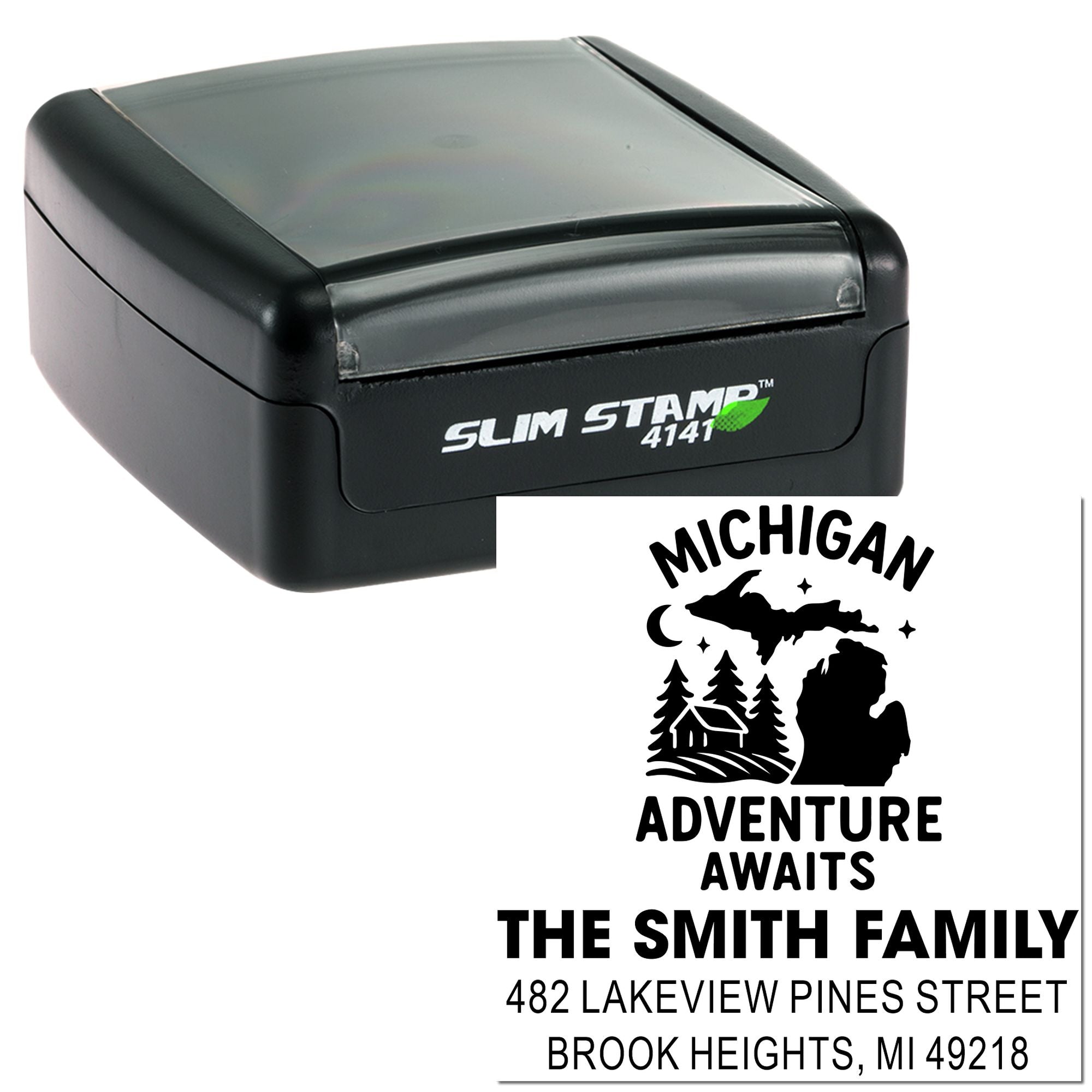Custom self-inking rubber stamp with Michigan adventure return address design for family mailings and personalized envelopes.