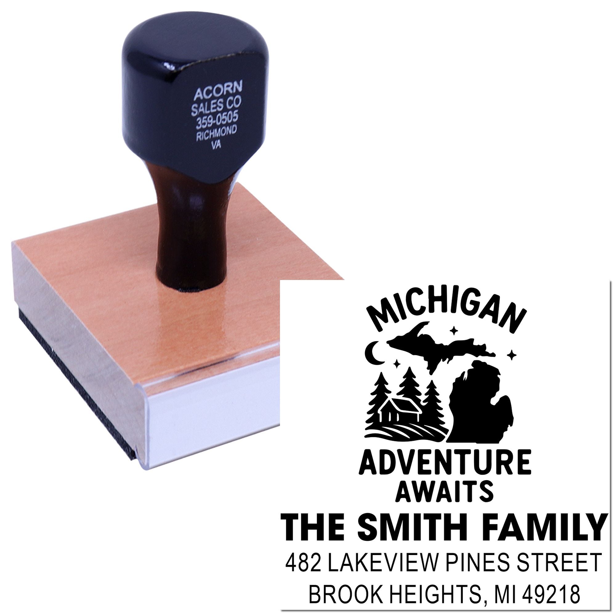 Custom rubber stamp with Michigan Adventure Awaits family address design, ideal for personalized return address stamping.