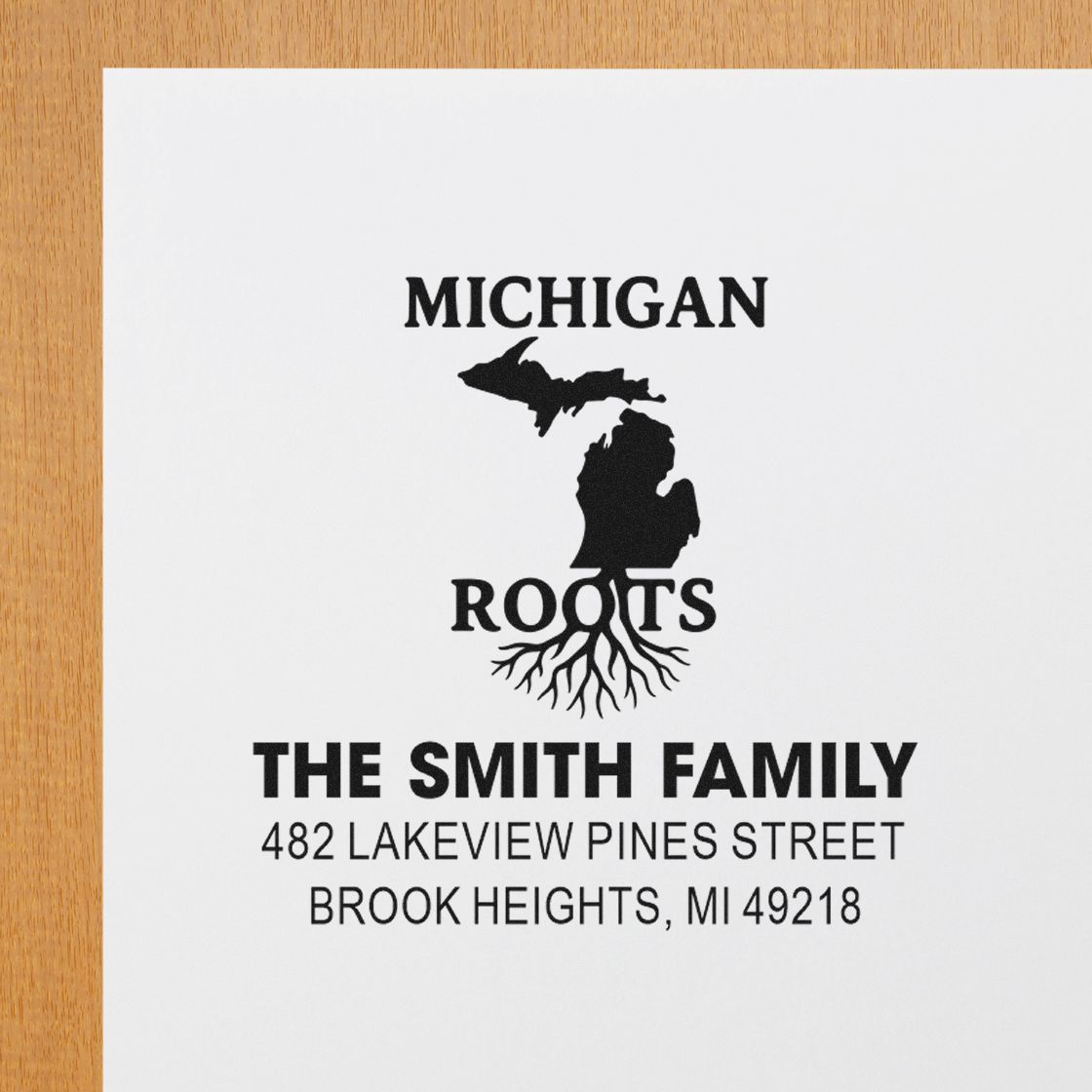 Personalized Michigan Roots family address rubber stamp for The Smith Family with name and Brook Heights, MI return address.