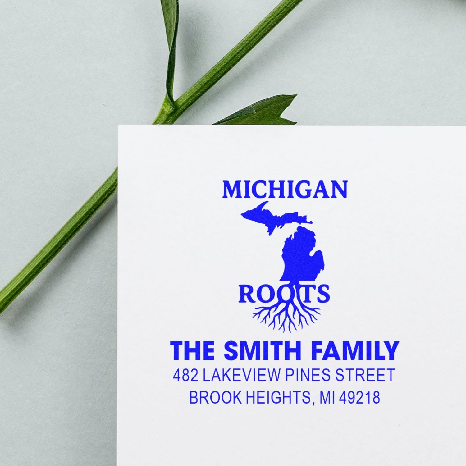 Custom Michigan Roots family address rubber stamp with state silhouette and return address for The Smith Family.