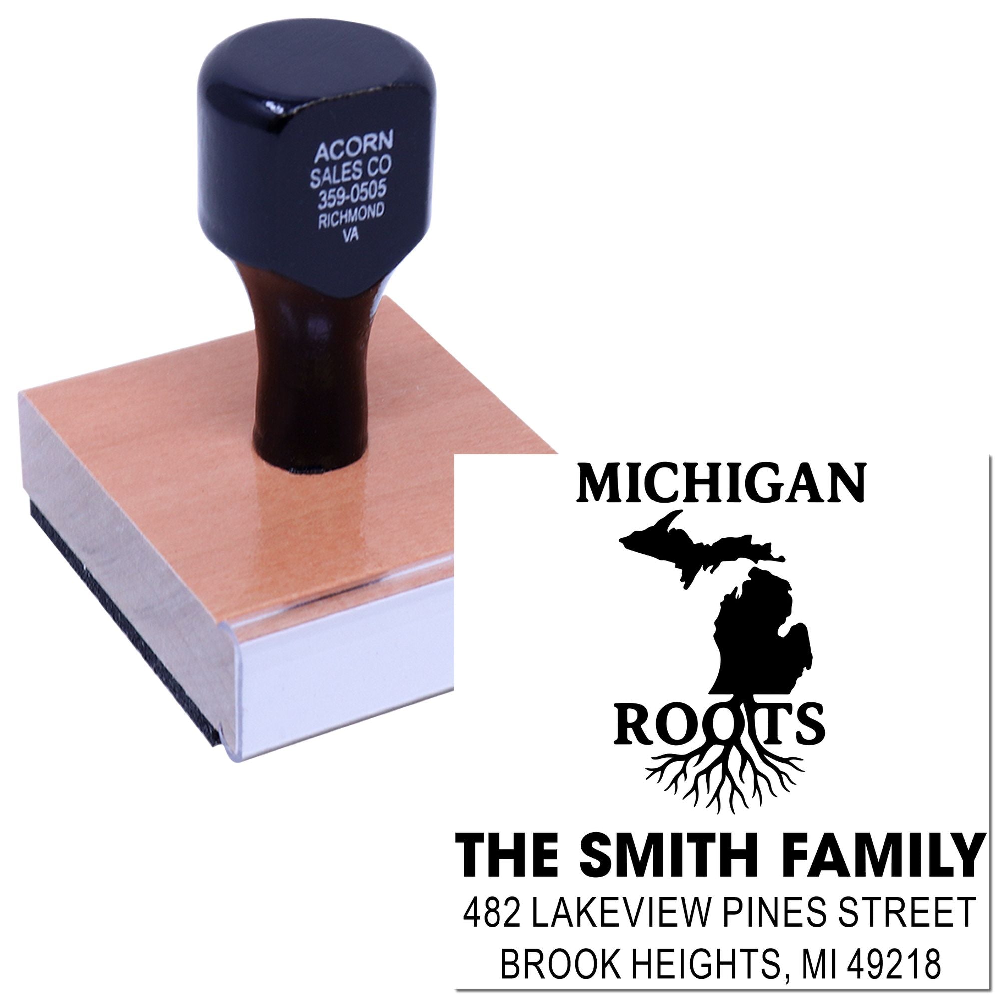 Custom rubber stamp with Michigan Roots design and Smith family address for personalized mailing, branding, and home use.