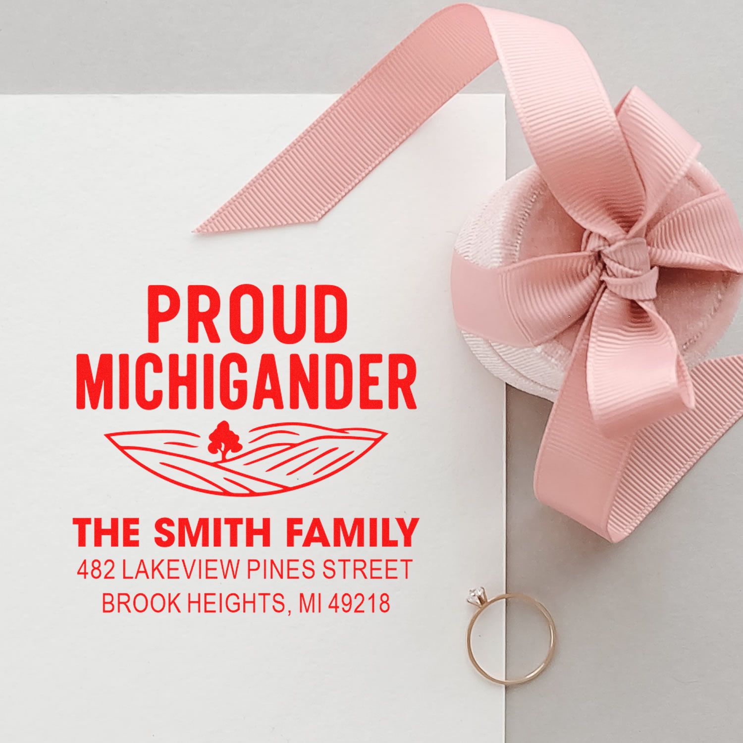 Custom return address rubber stamp with Proud Michigander design for The Smith Family, Brook Heights, MI.