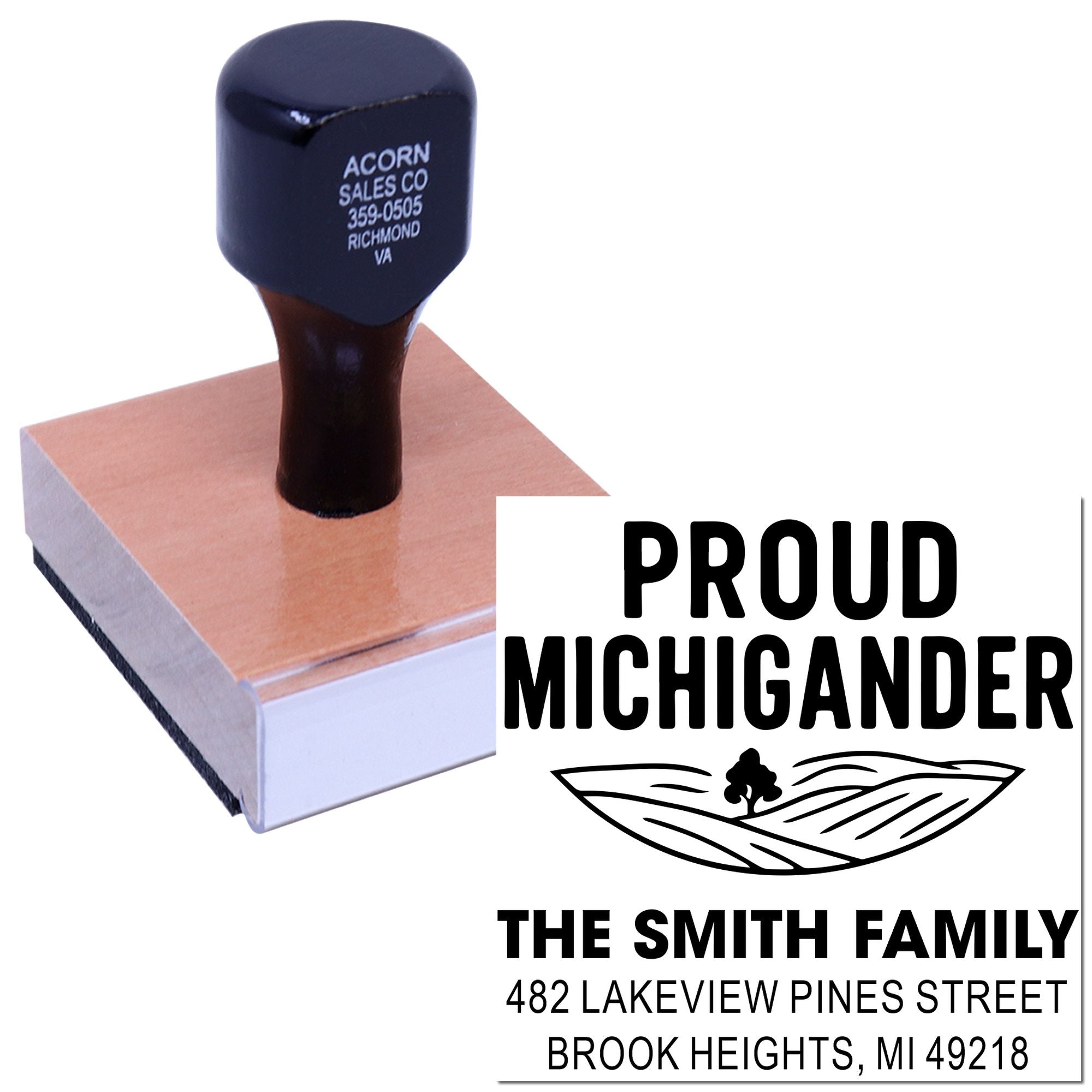 Custom rubber stamp with Proud Michigander design and The Smith Family address for personalized family mailings.
