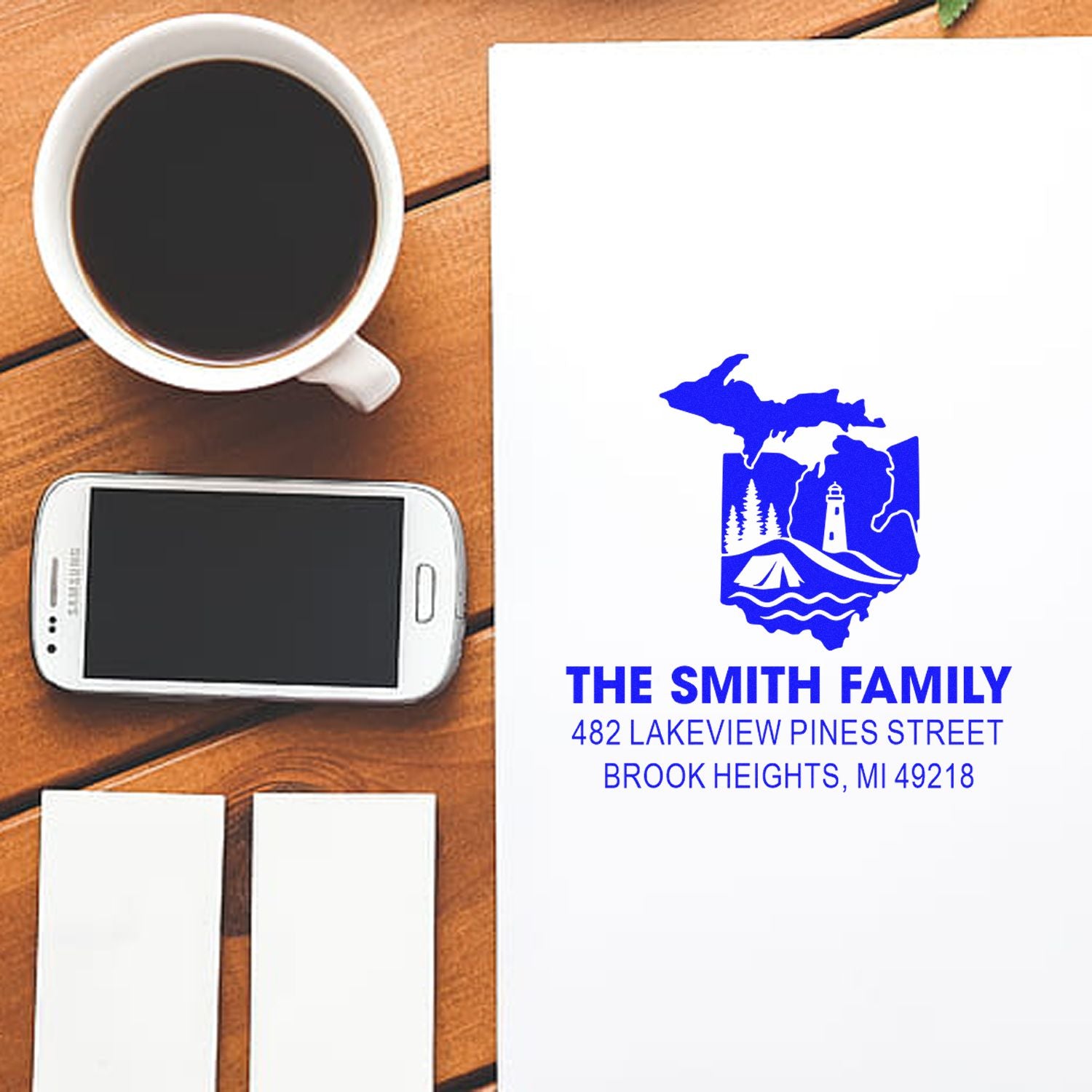 Custom family return address rubber stamp with Michigan lake design for envelopes and stationery.