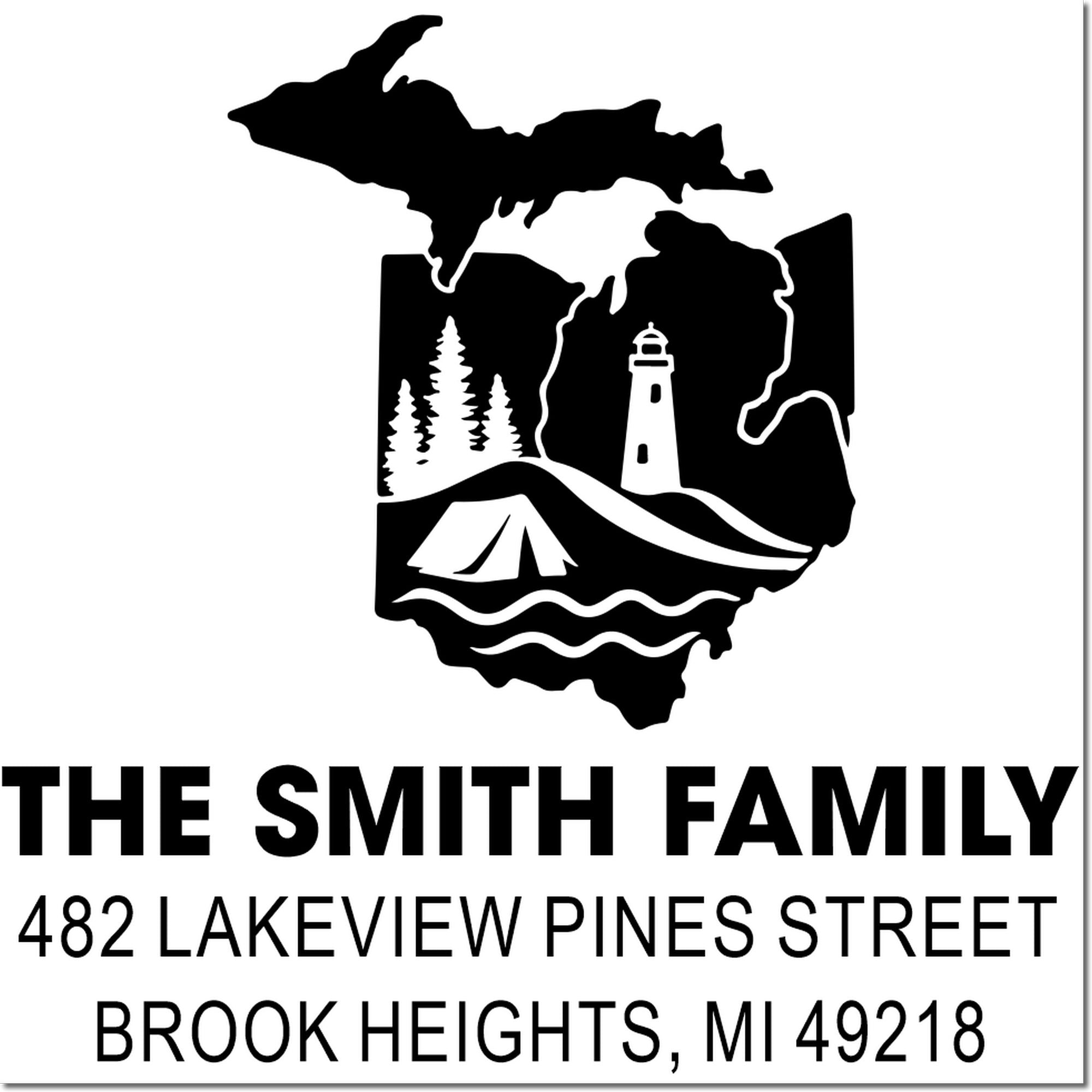 Custom return address rubber stamp for The Smith Family, with Michigan lighthouse, campsite, and lake design.