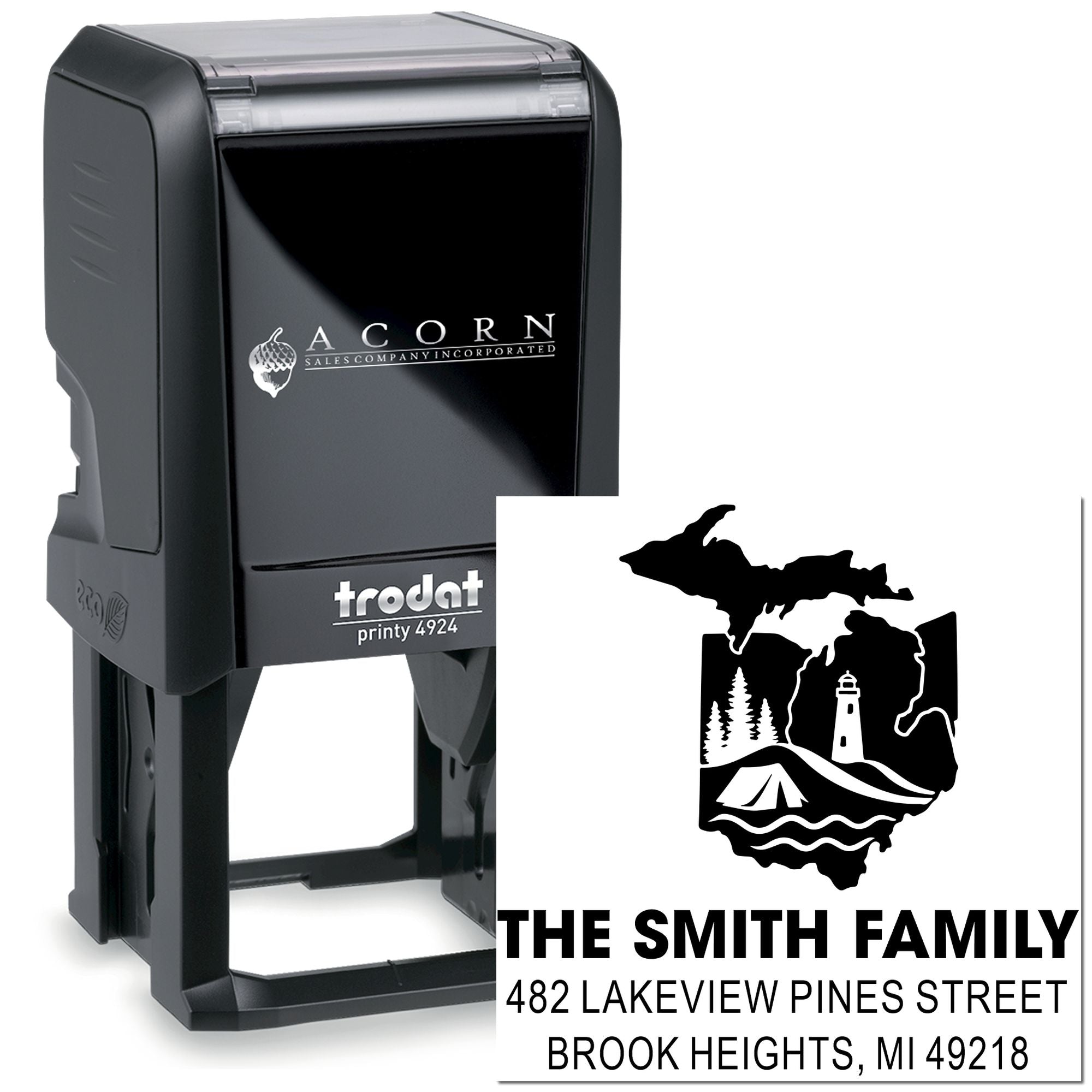 Trodat Printy 4924 custom self-inking rubber stamp with Michigan family address design for personalized mailing.