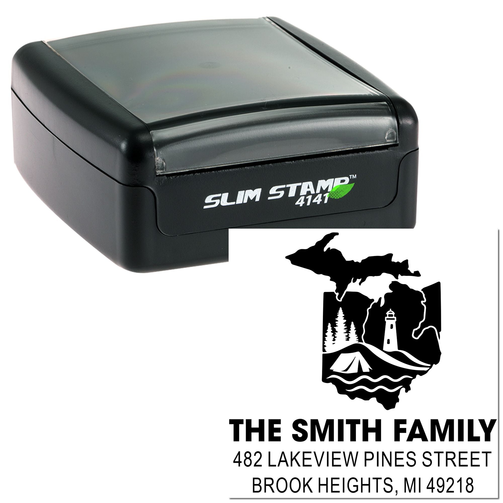 Custom self-inking address rubber stamp with Michigan camping design, Slim Stamp 4141, for The Smith Family.