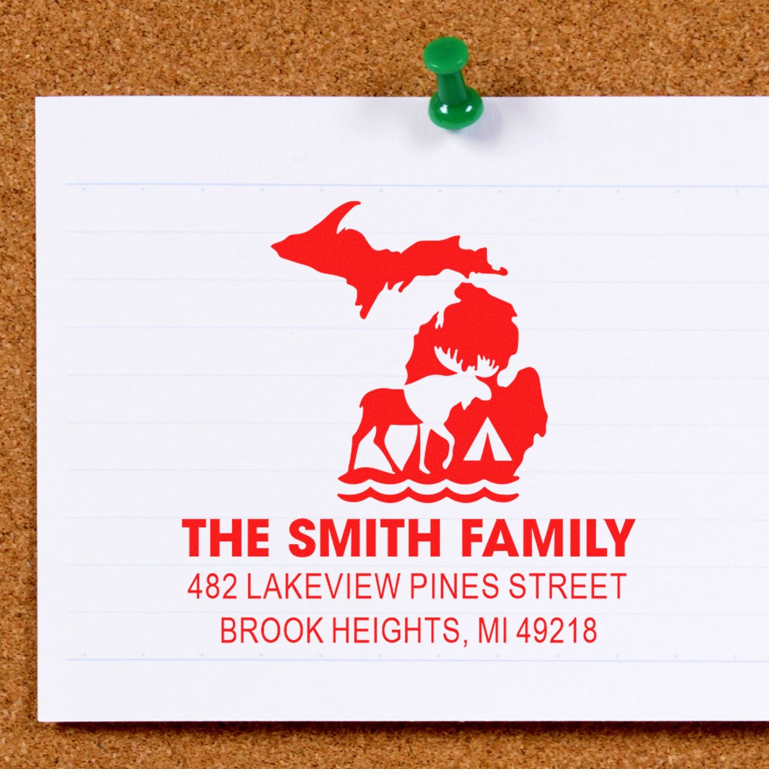 Custom return address rubber stamp for the Smith family with Michigan camping design and full home address.