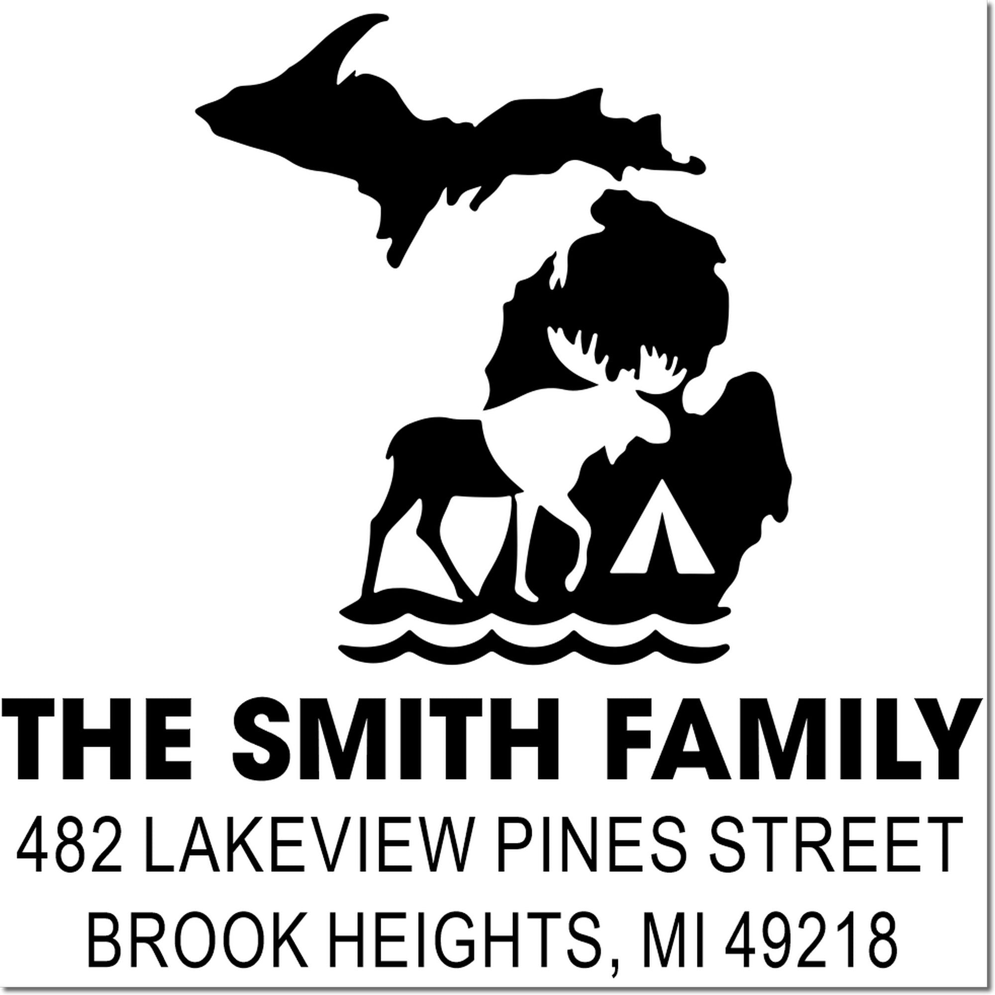 Personalized family return address rubber stamp for The Smith Family in Brook Heights, MI 49218, with Michigan home design.