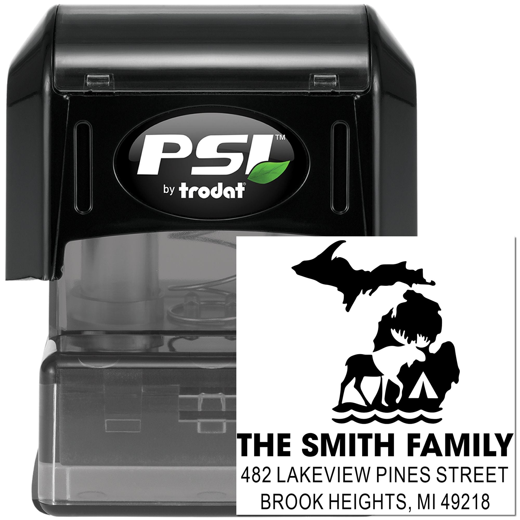 Custom self-inking address rubber stamp with Michigan silhouette for The Smith Family return mail.