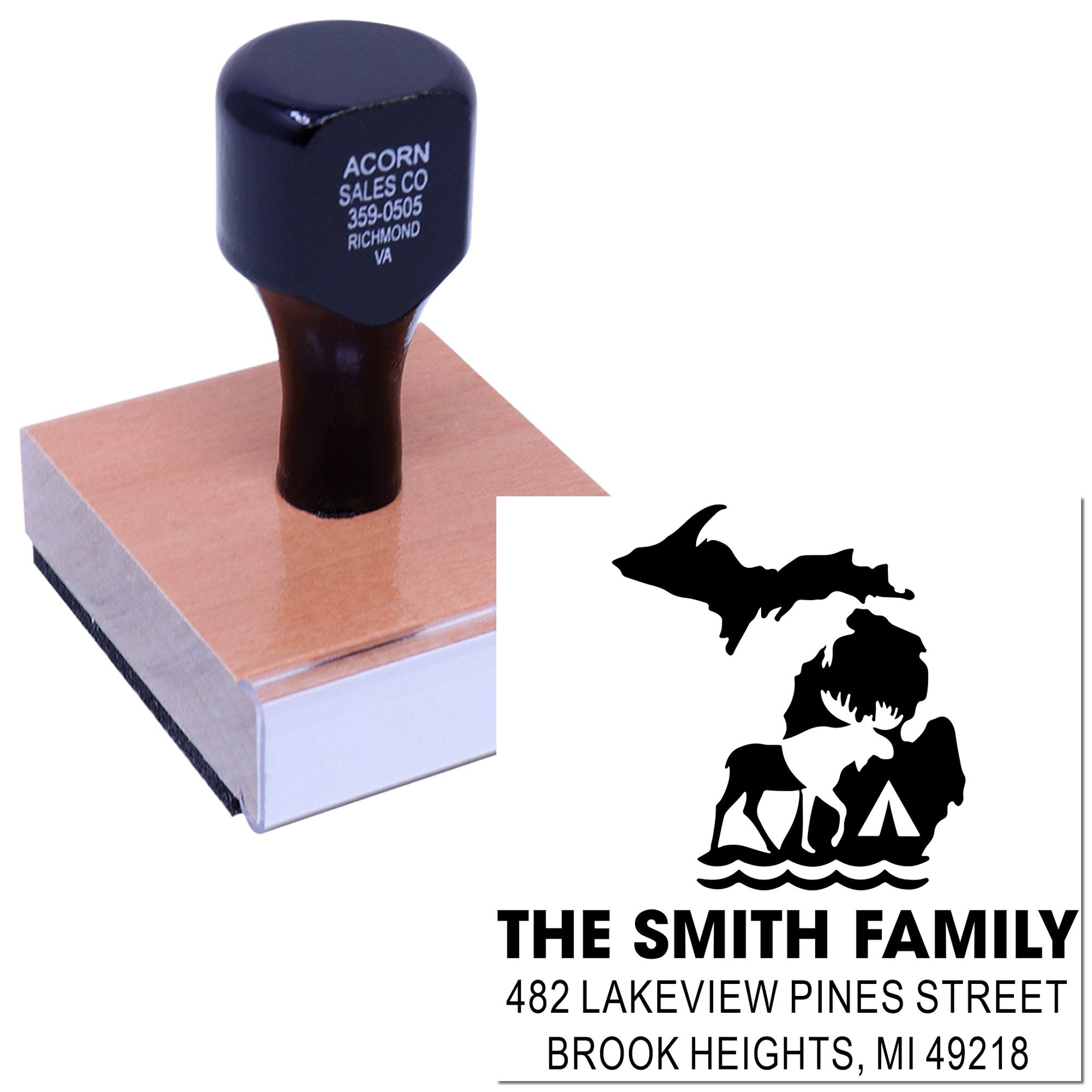 Custom rubber return address stamp with Michigan family design, ideal for personalized mail, cards, and envelopes.