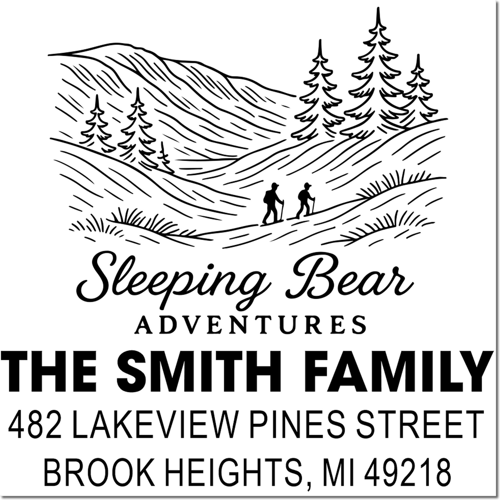 Custom personalized return address rubber stamp with mountain hikers, Sleeping Bear Adventures, and Brook Heights, MI.